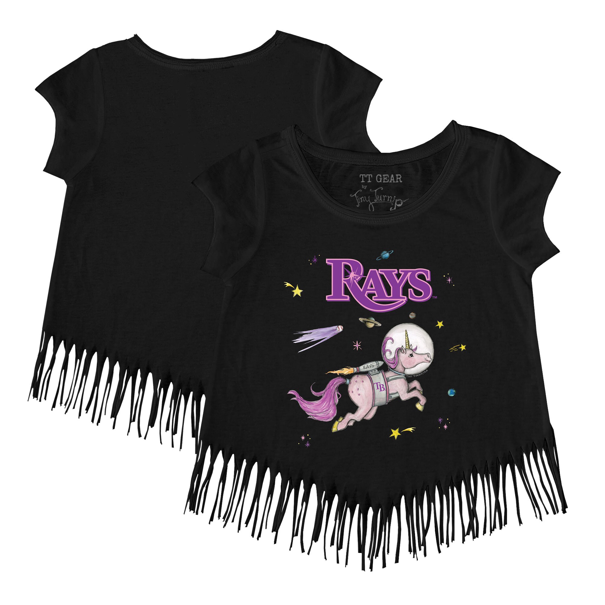 Girls Youth Tampa Bay Rays Tiny Turnip Black Space Unicorn Fringe T-Shirt