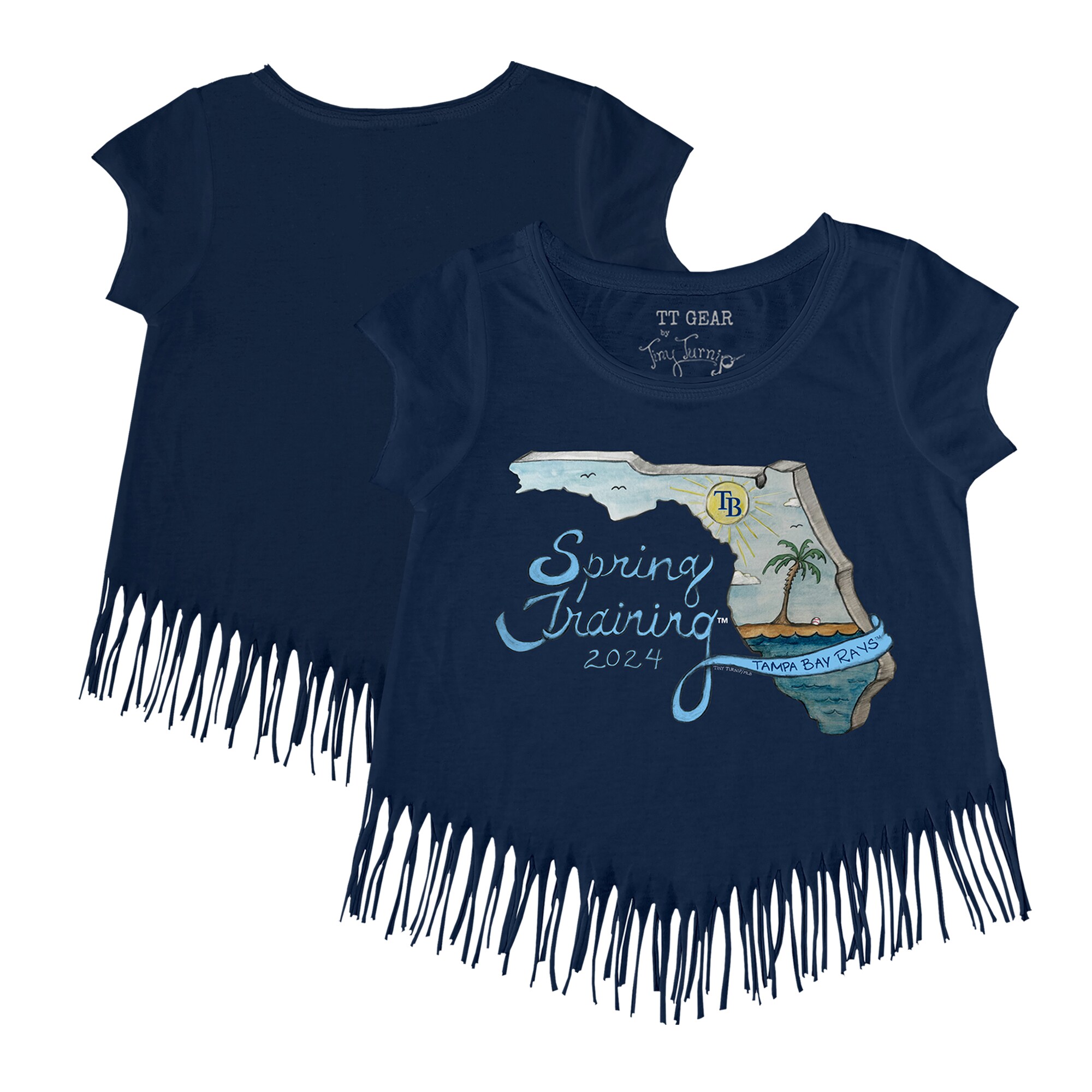 Girls Youth Tampa Bay Rays Tiny Turnip Navy 2024 Spring Training Grapefruit League Fringe T-Shirt