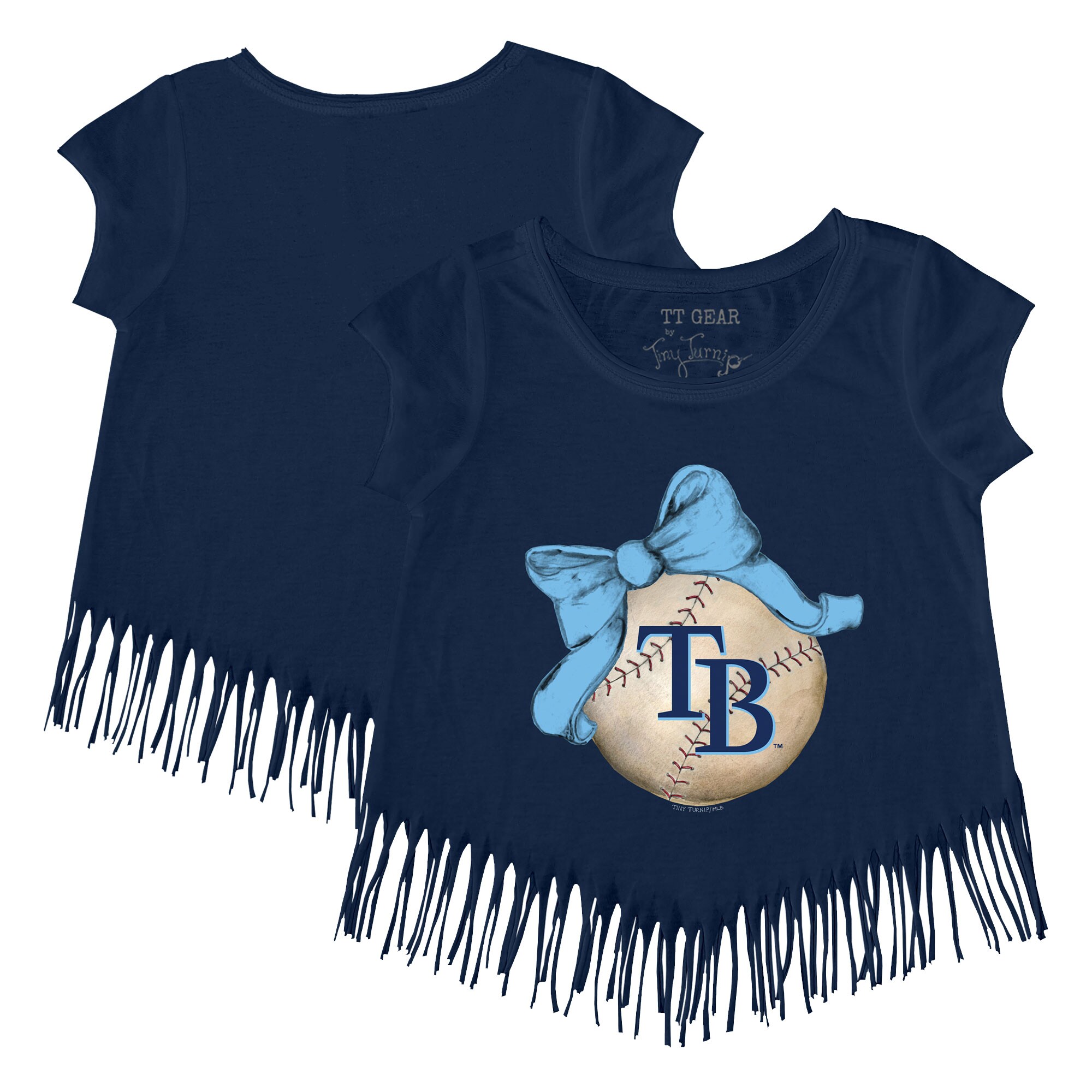 Girls Youth Tampa Bay Rays Tiny Turnip Navy Baseball Bow Fringe T-Shirt