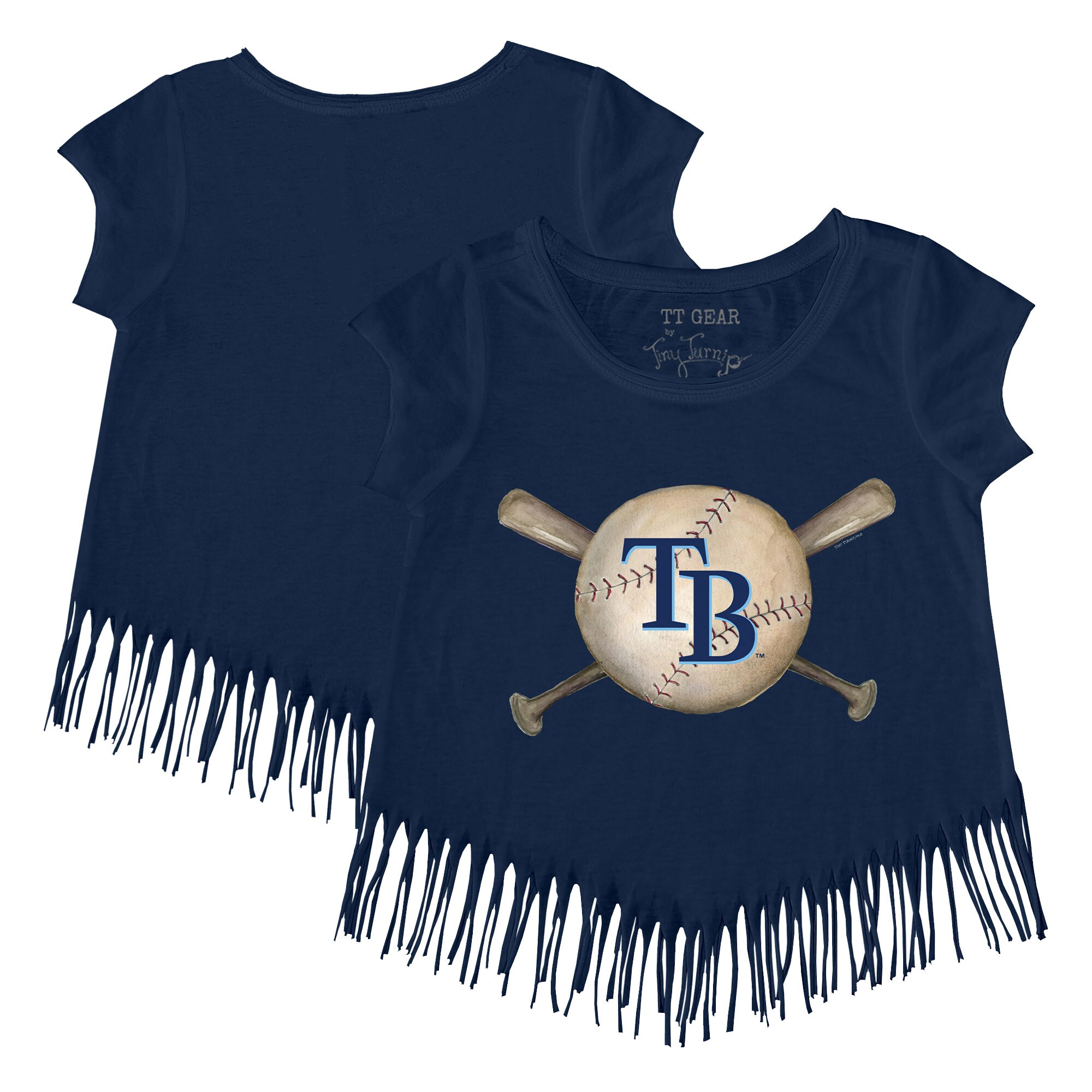 Girls Youth Tampa Bay Rays Tiny Turnip Navy Baseball Cross Bats Fringe T-Shirt