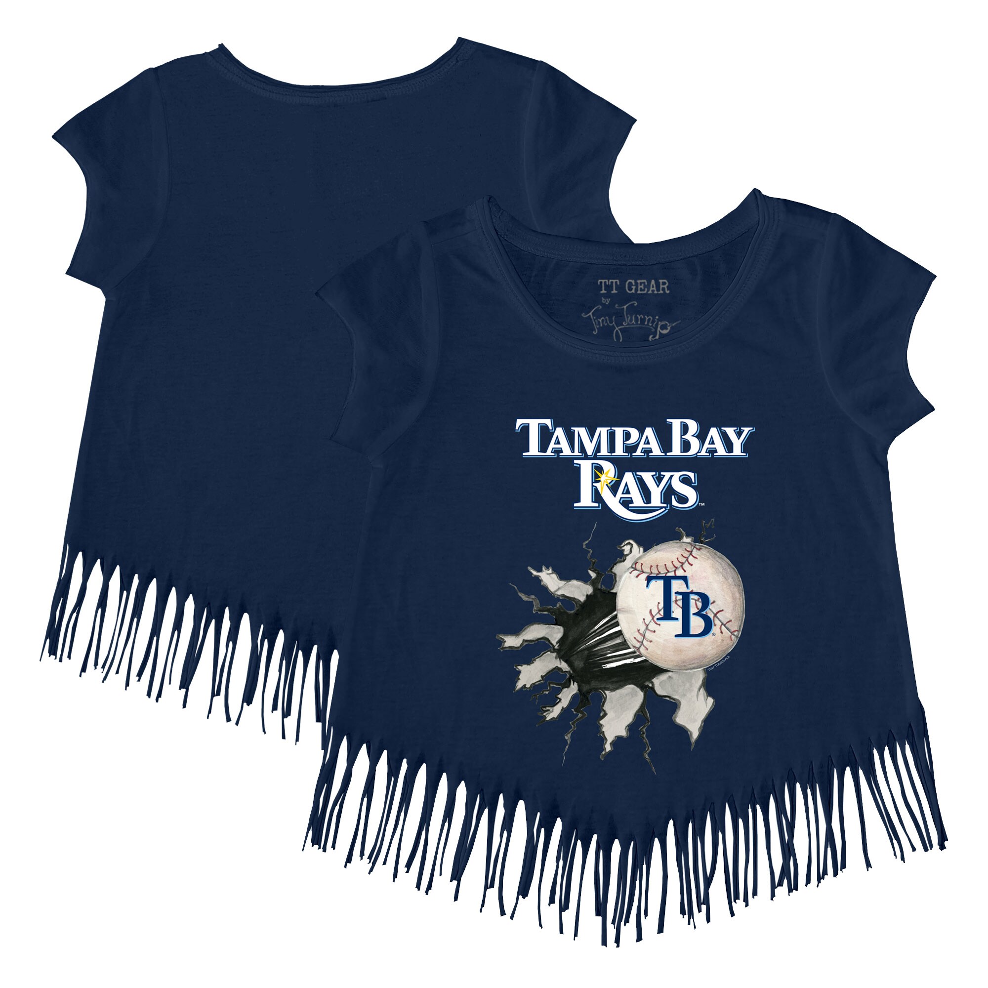 Girls Youth Tampa Bay Rays Tiny Turnip Navy Baseball Tear Fringe T-Shirt
