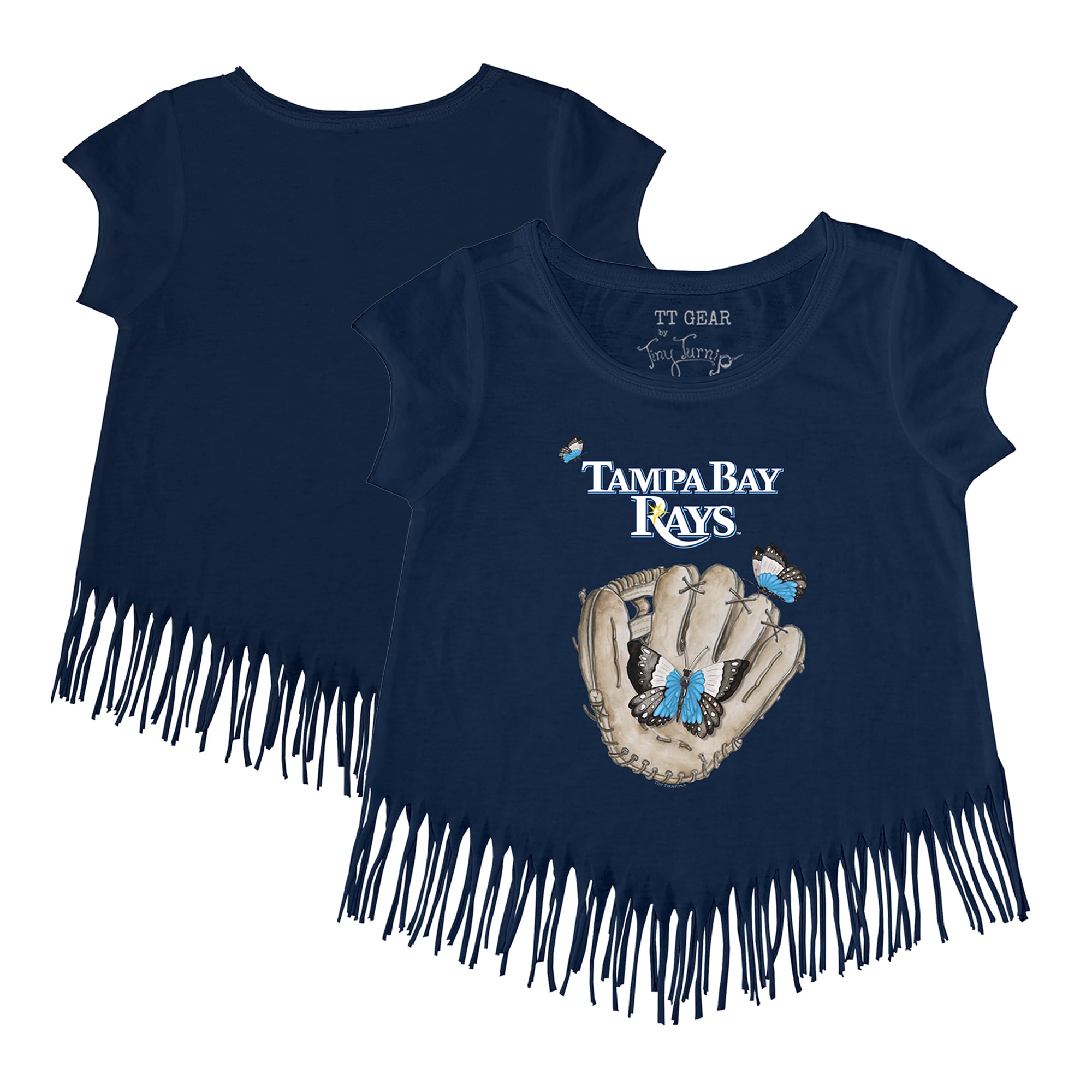 Girls Youth Tampa Bay Rays Tiny Turnip Navy Butterfly Glove Fringe T-Shirt