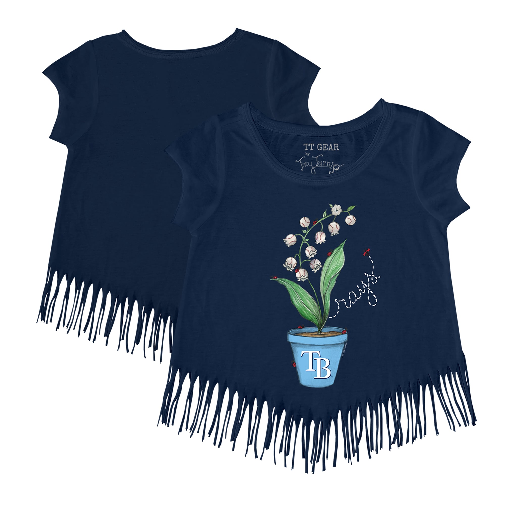 Girls Youth Tampa Bay Rays Tiny Turnip Navy Lilies & Ladybugs Fringe T-Shirt