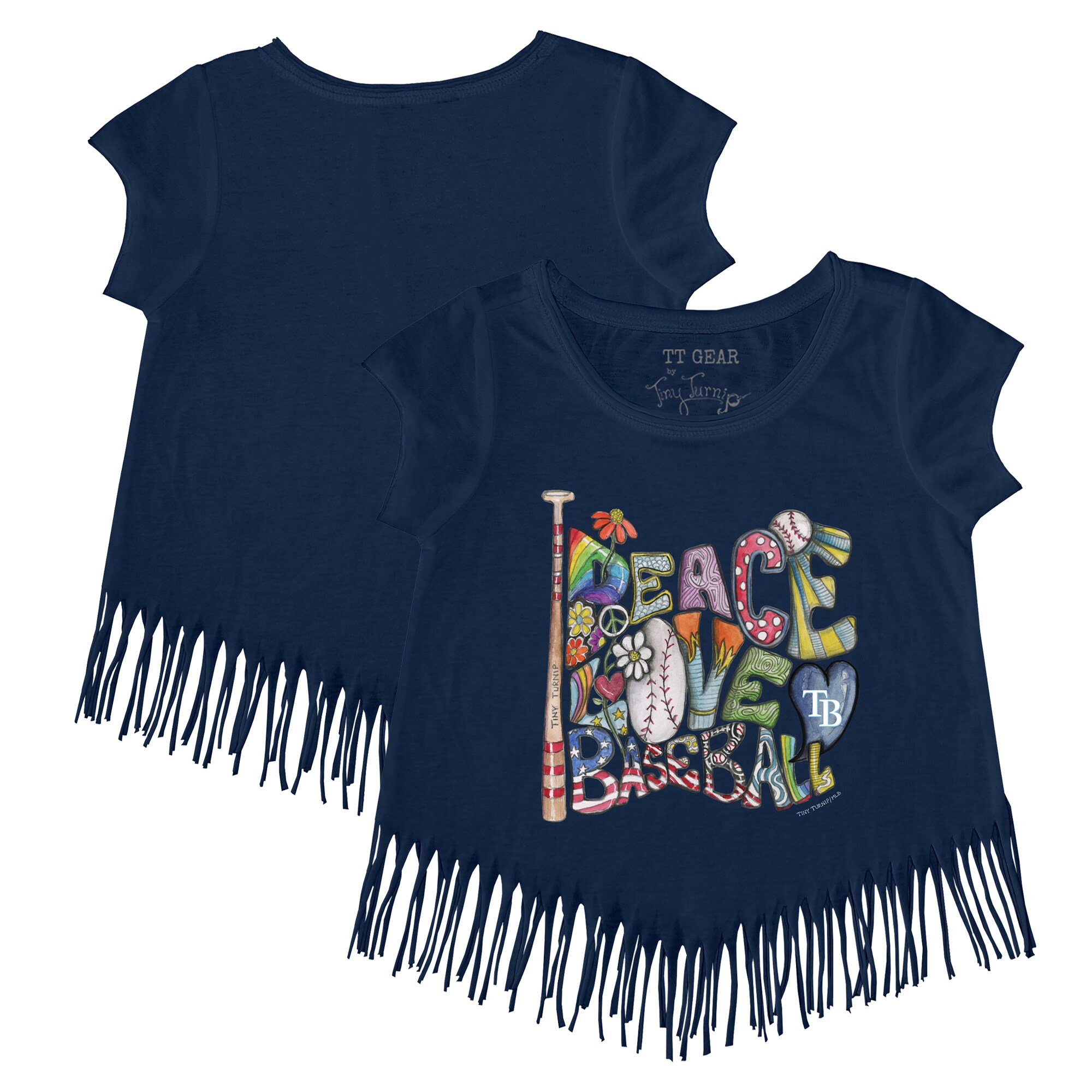 Girls Youth Tampa Bay Rays Tiny Turnip Navy Peace Love Baseball Fringe T-Shirt
