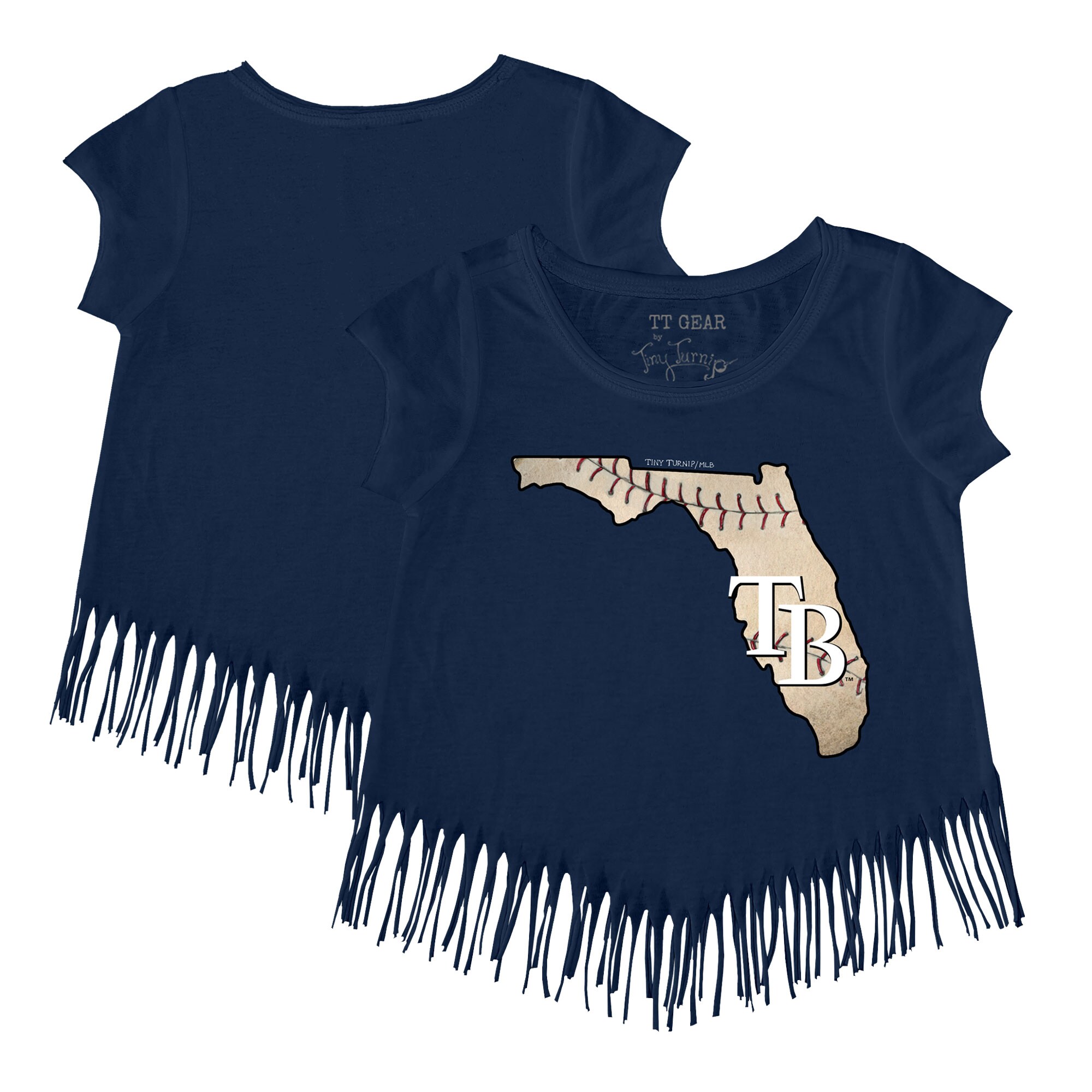 Girls Youth Tampa Bay Rays Tiny Turnip Navy State Outline Fringe T-Shirt