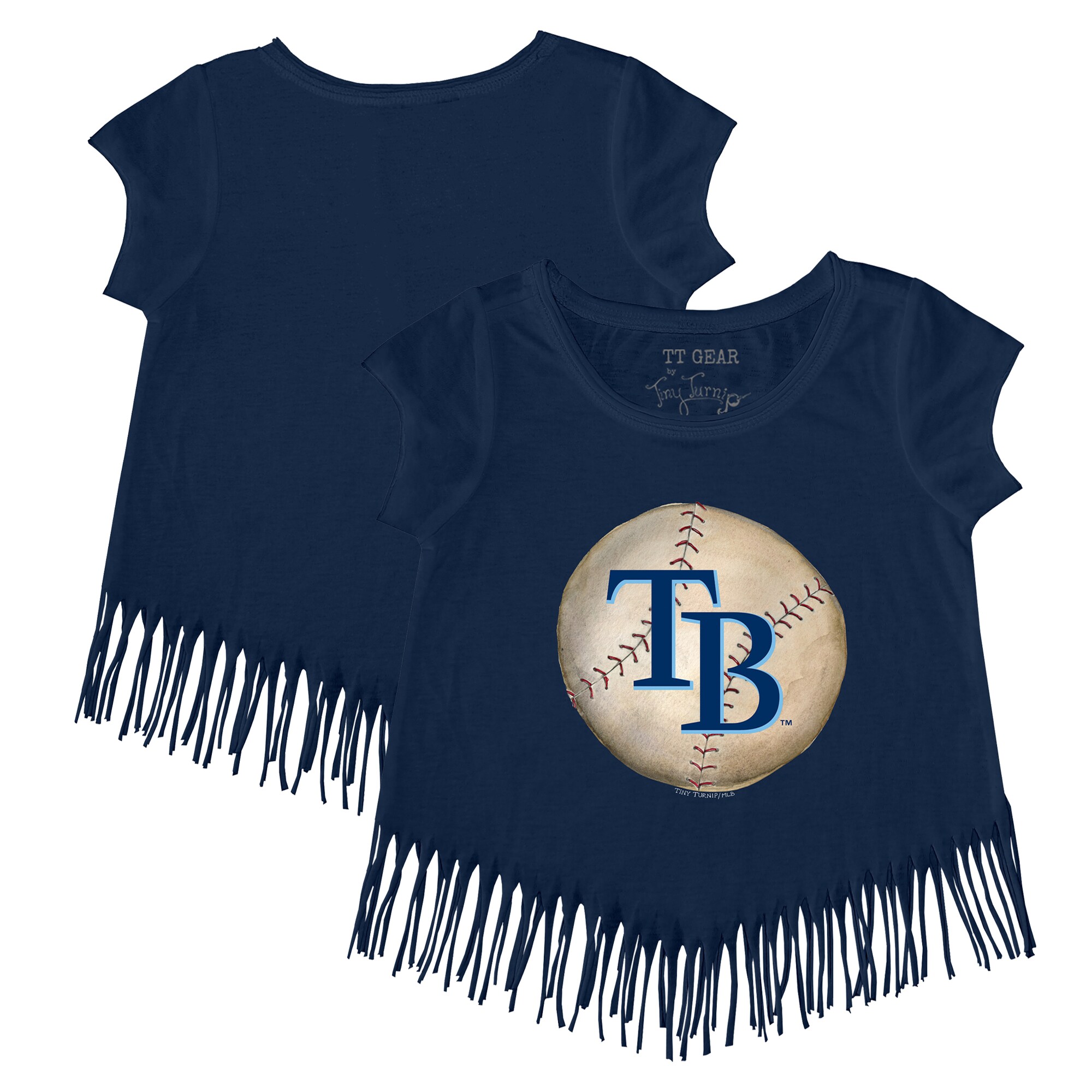 Girls Youth Tampa Bay Rays Tiny Turnip Navy Stitched Baseball Fringe T-Shirt