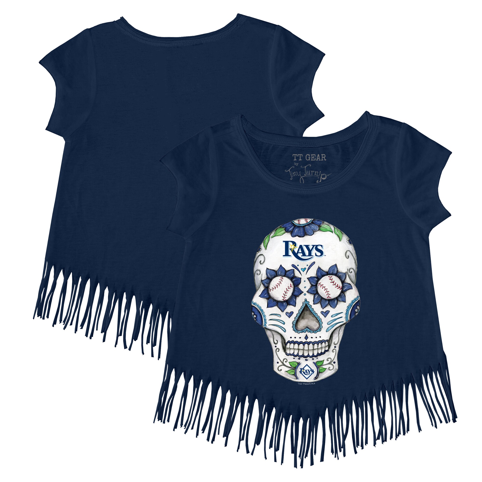 Girls Youth Tampa Bay Rays Tiny Turnip Navy Sugar Skull Fringe T-Shirt