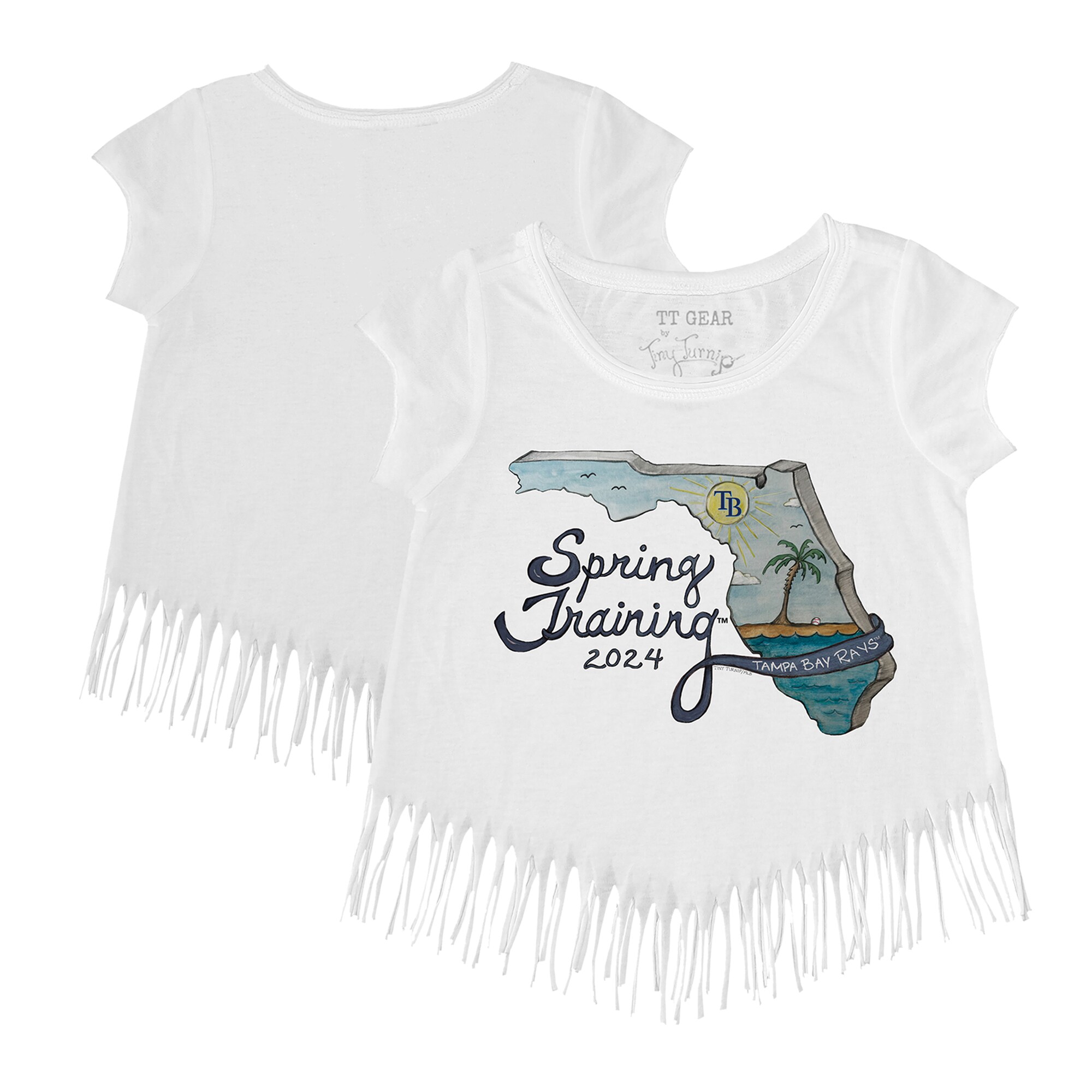 Girls Youth Tampa Bay Rays Tiny Turnip White 2024 Spring Training Grapefruit League Fringe T-Shirt