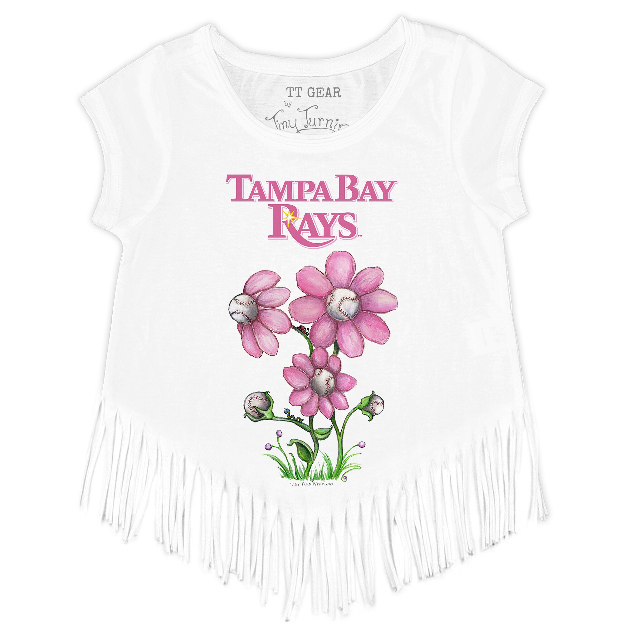 Girls Youth Tampa Bay Rays Tiny Turnip White Blooming Baseballs Fringe T-Shirt