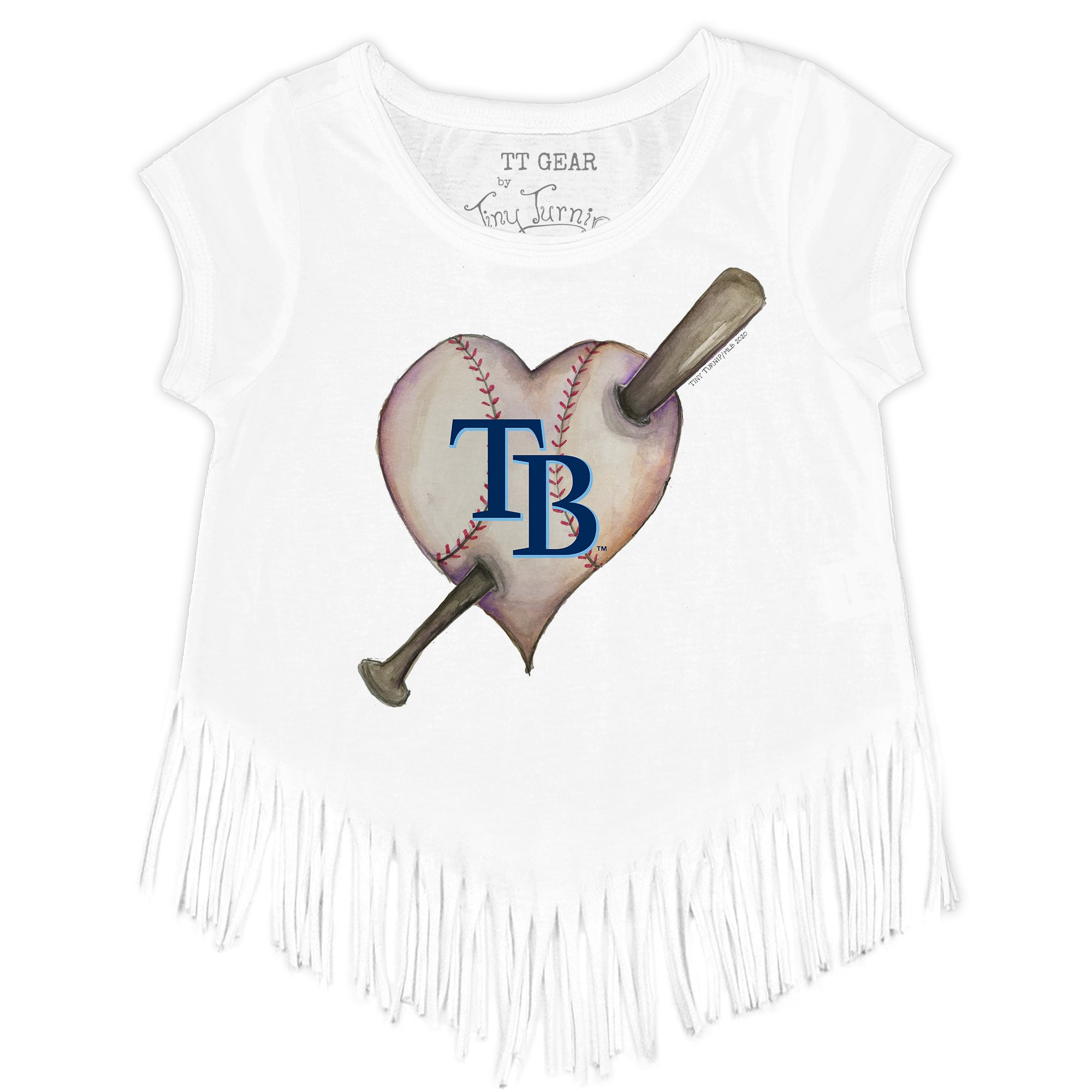 Girls Youth Tampa Bay Rays Tiny Turnip White Heart Bat Fringe T-Shirt