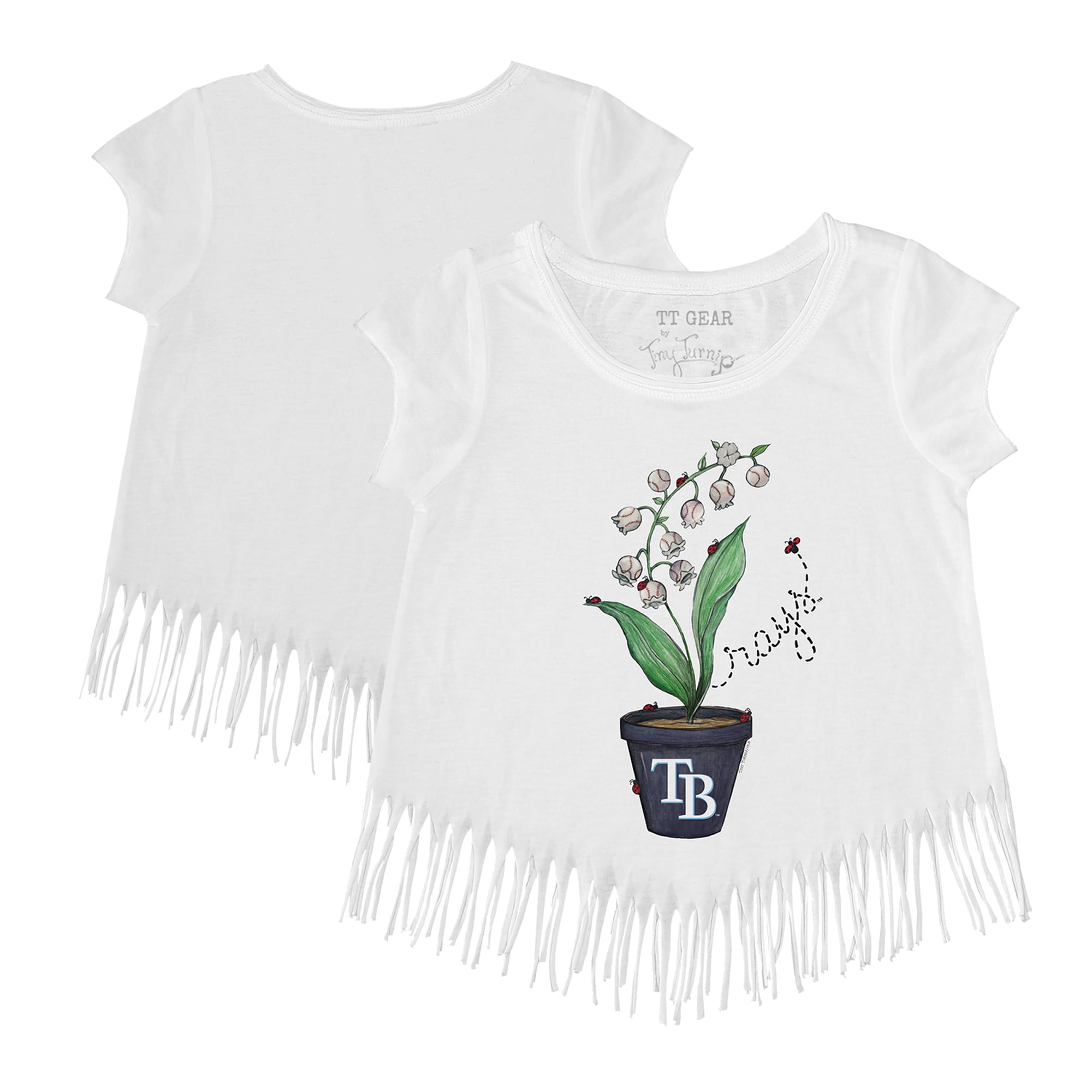 Girls Youth Tampa Bay Rays Tiny Turnip White Lilies & Ladybugs Fringe T-Shirt