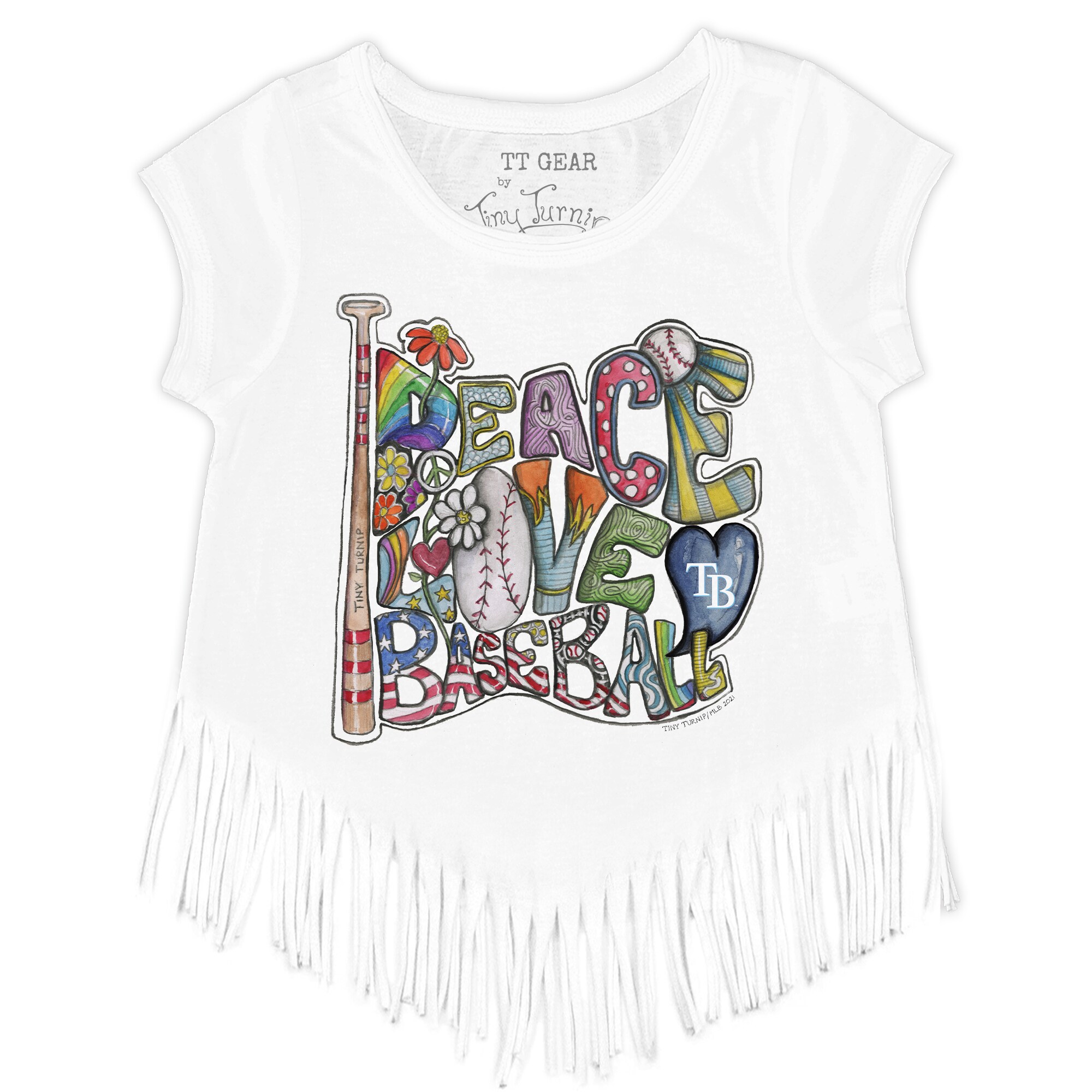 Girls Youth Tampa Bay Rays Tiny Turnip White Peace Love Baseball Fringe T-Shirt