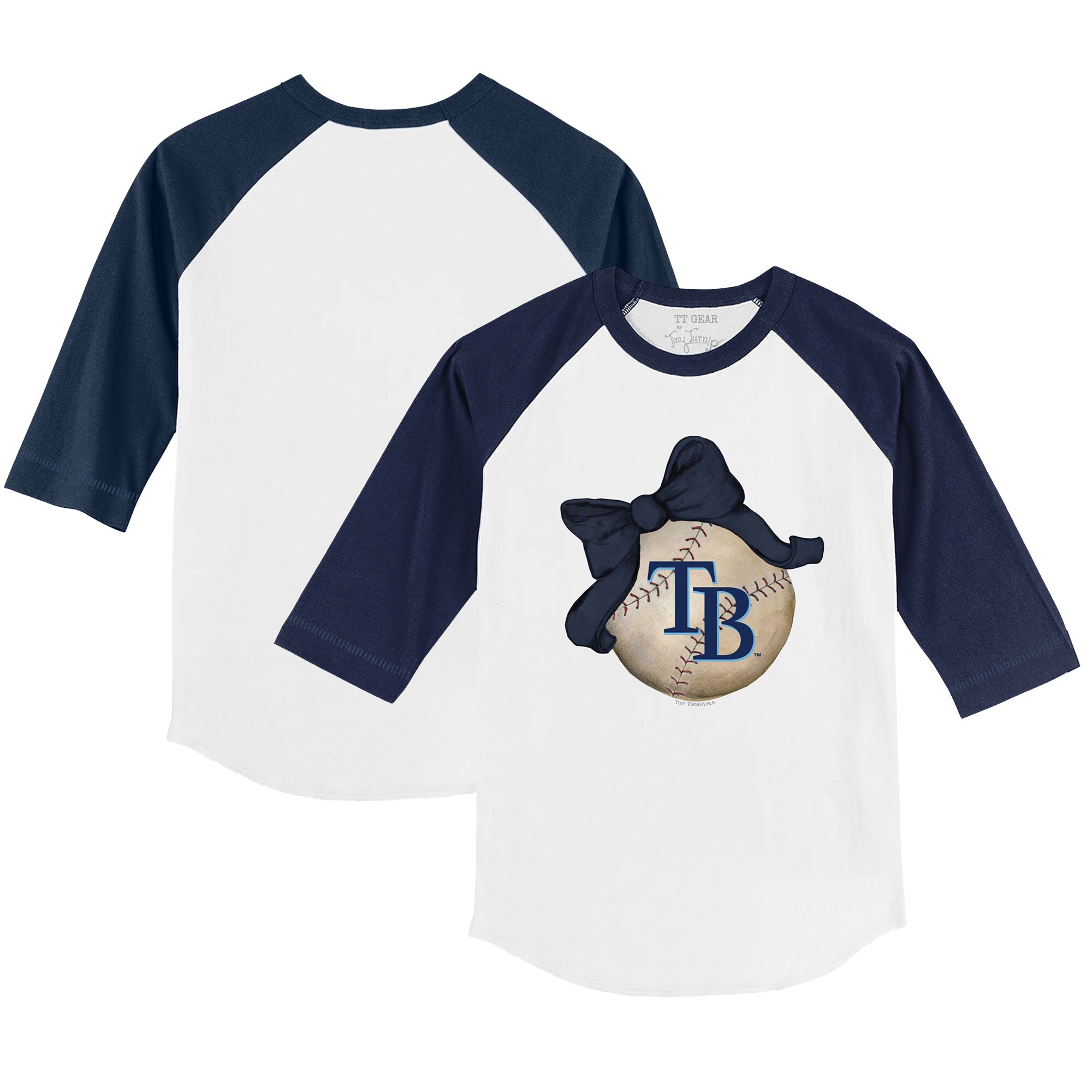 Infant Tampa Bay Rays Tiny Turnip White/Navy Baseball Bow Raglan 3/4 Sleeve T-Shirt