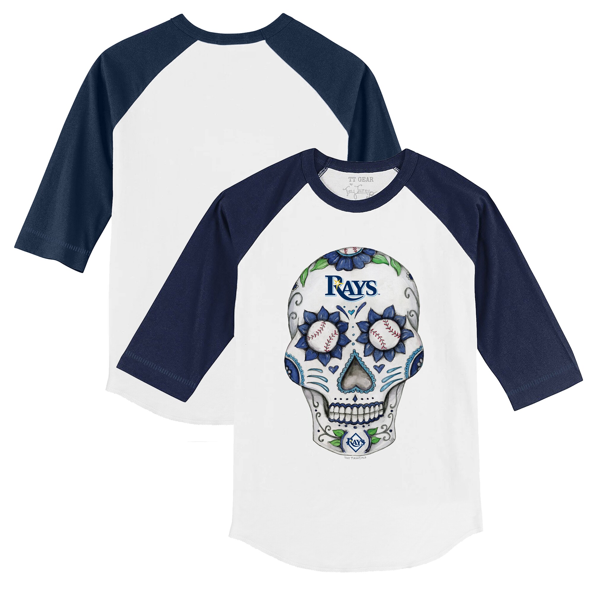 Infant Tampa Bay Rays Tiny Turnip White/Navy Sugar Skull Raglan 3/4 Sleeve T-Shirt