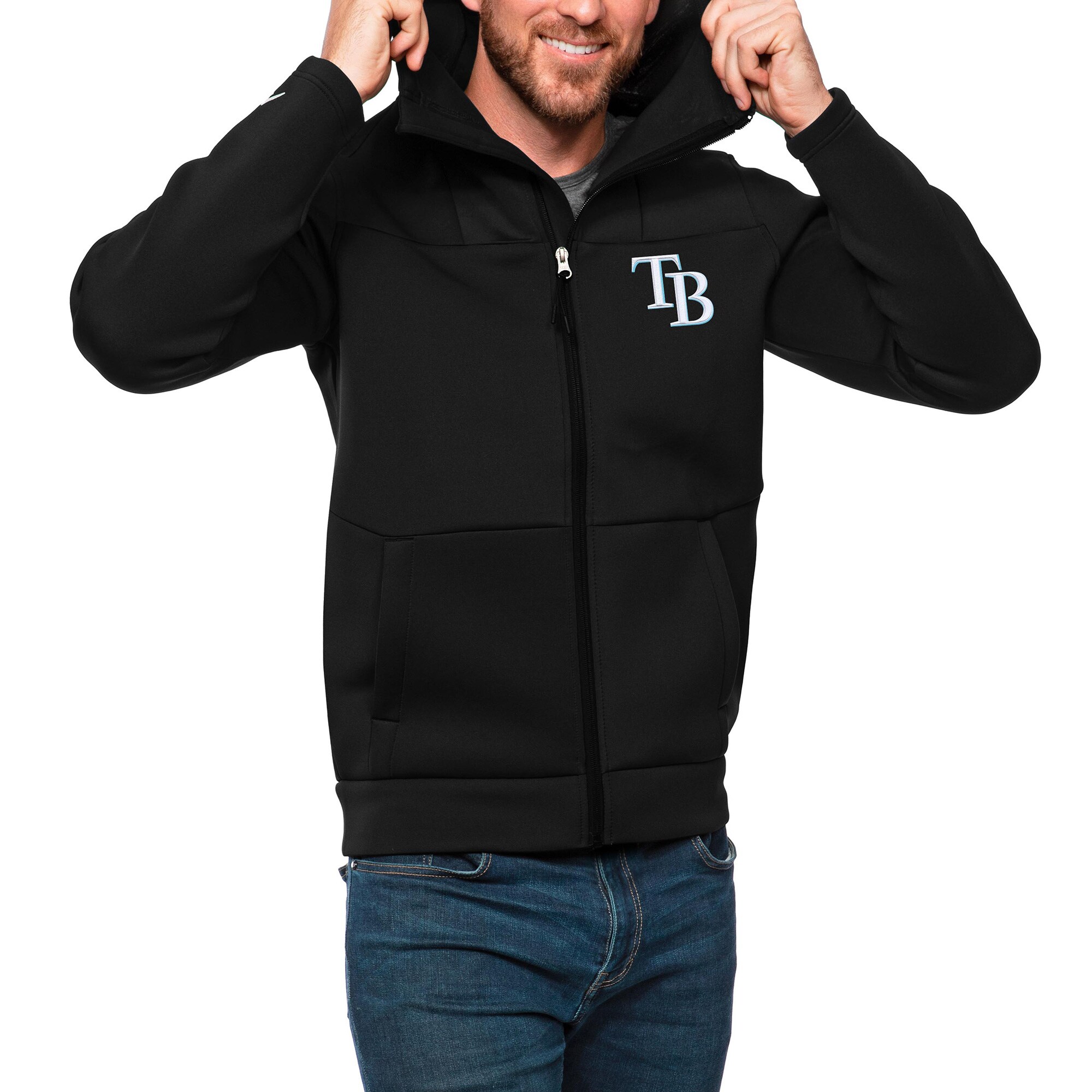 Men's Tampa Bay Rays Antigua Black Protect Full-Zip Hoodie