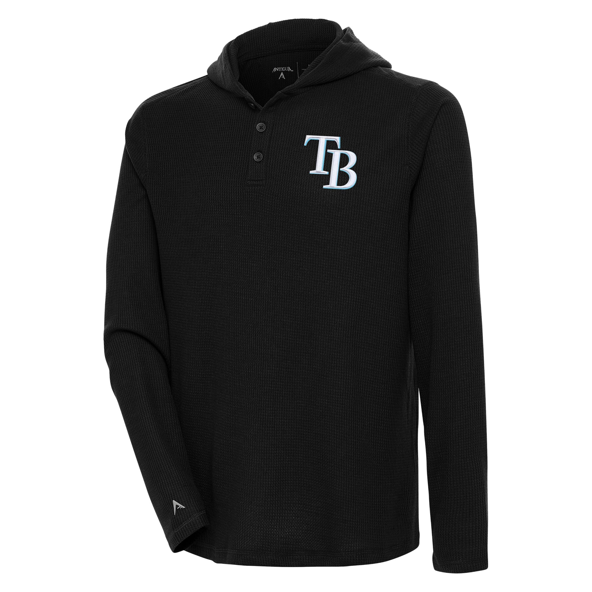 Men's Tampa Bay Rays  Antigua Black Strong Hold Long Sleeve Henley Hoodie T-Shirt