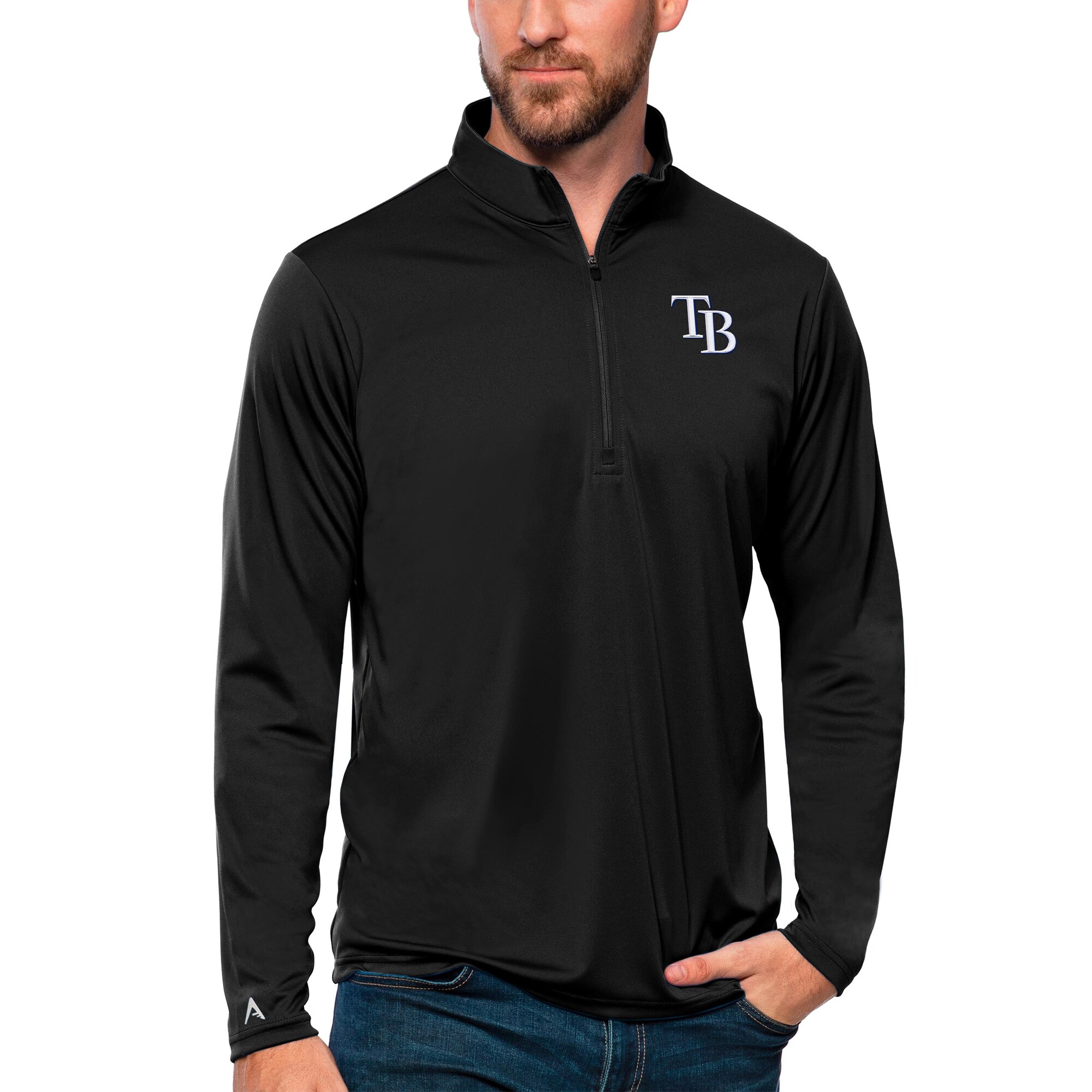 Men's Tampa Bay Rays Antigua Black Tribute Quarter-Zip Pullover Top
