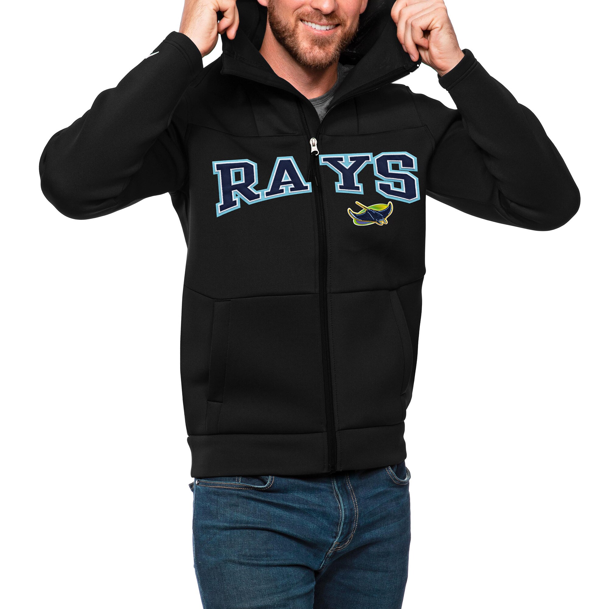 Men's Tampa Bay Rays Antigua Black Wordmark Protect Full-Zip Hoodie