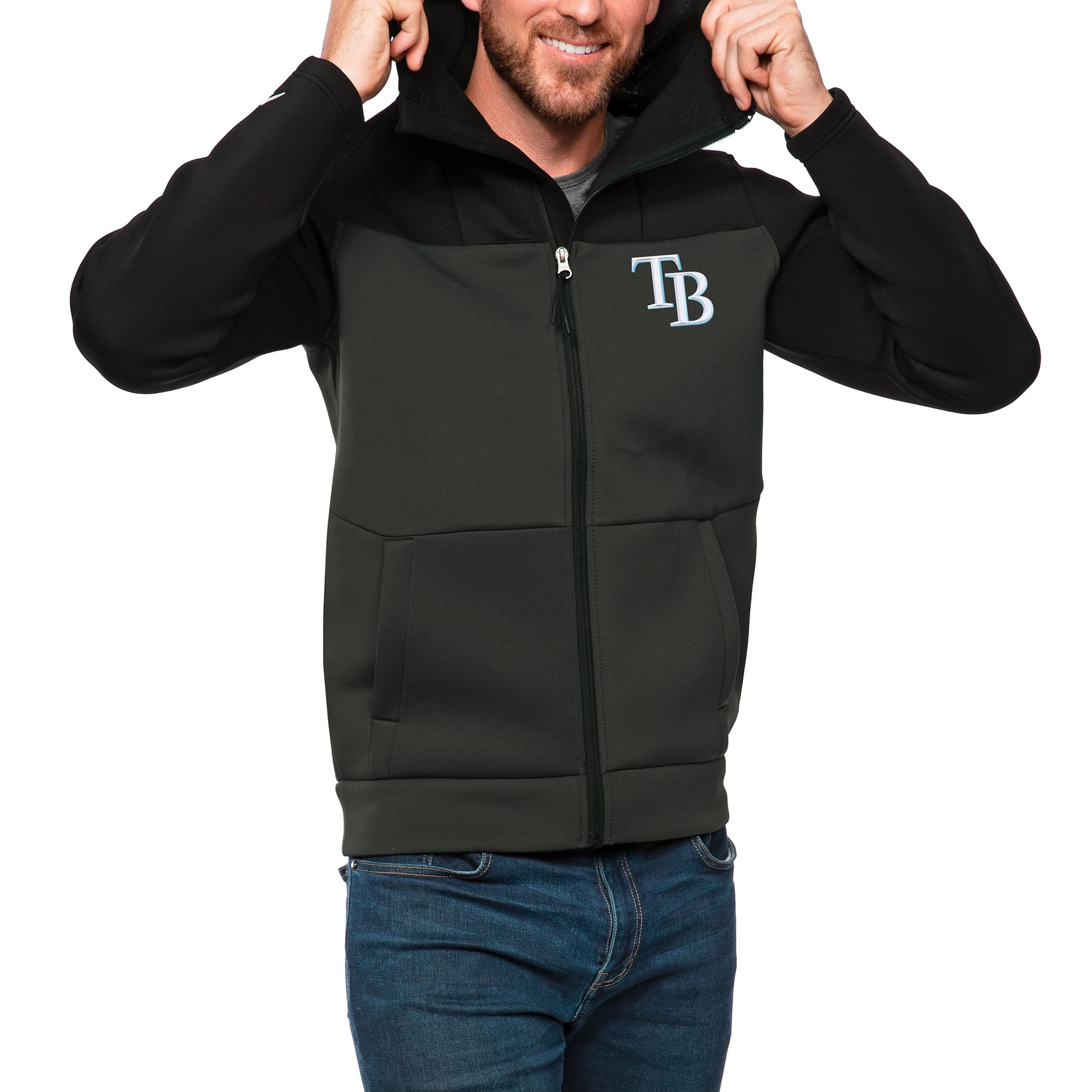 Men's Tampa Bay Rays Antigua Black/Charcoal Protect Full-Zip Hoodie