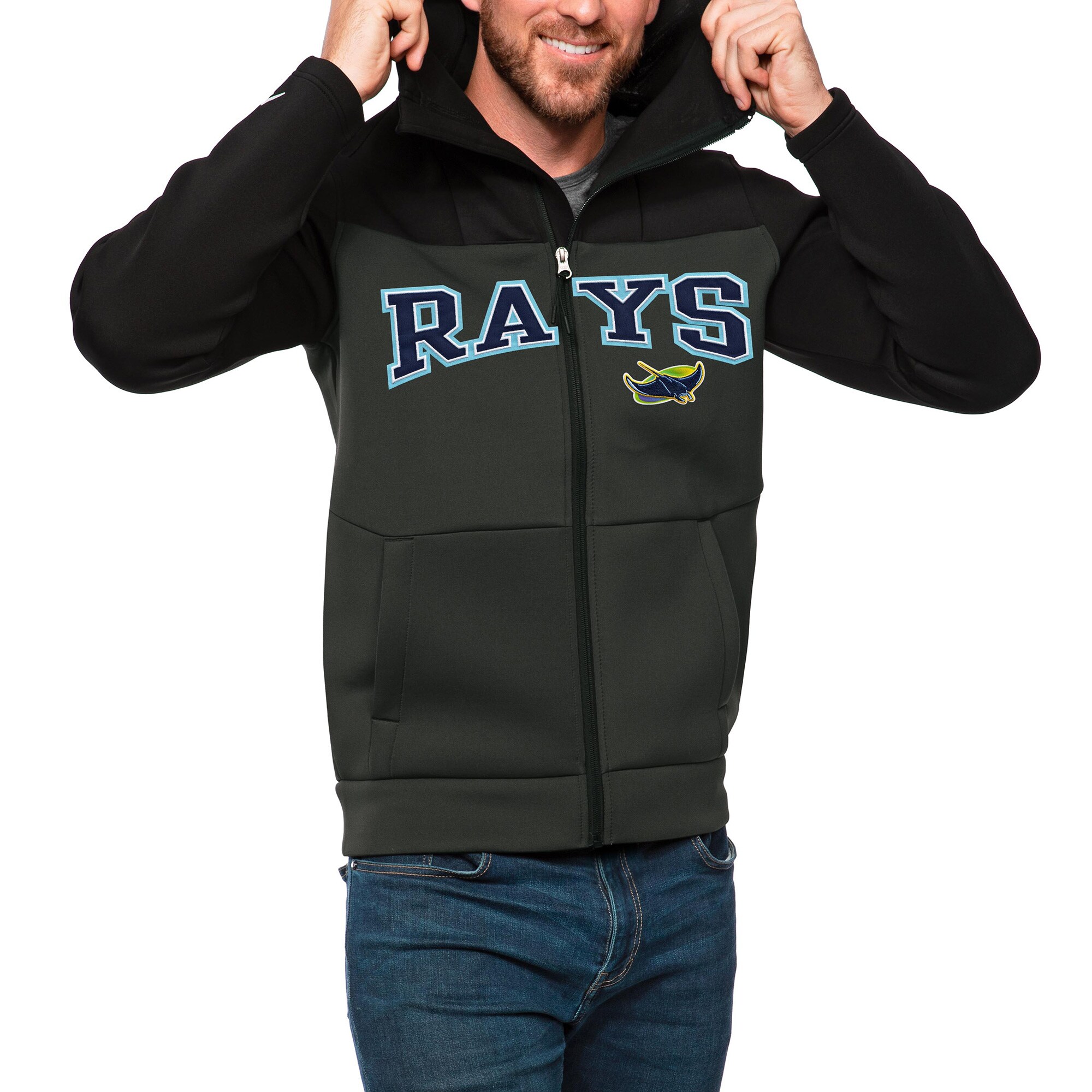 Men's Tampa Bay Rays Antigua Black/Charcoal Wordmark Protect Full-Zip Hoodie