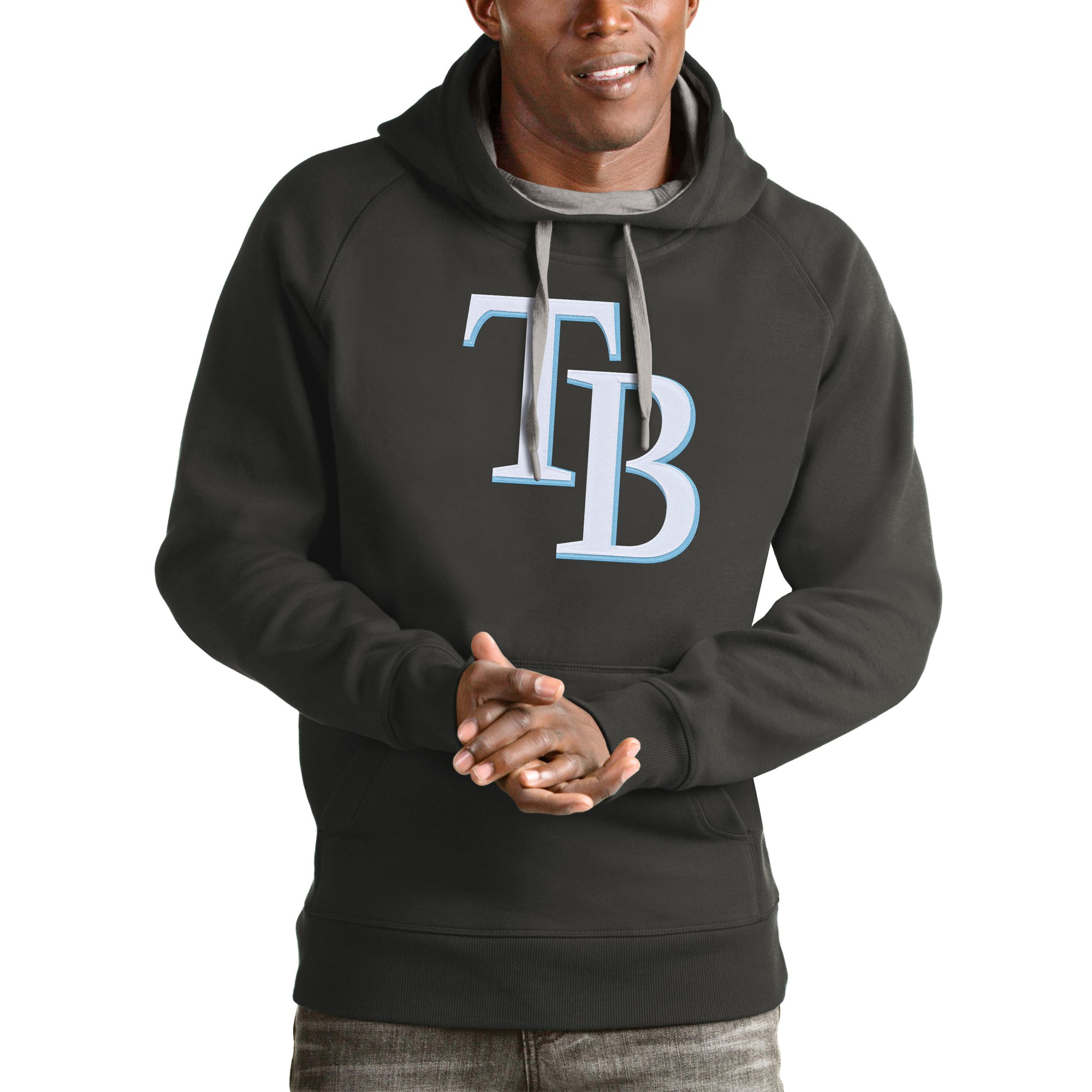 Men's Tampa Bay Rays Antigua Charcoal Victory Pullover Team Logo Hoodie