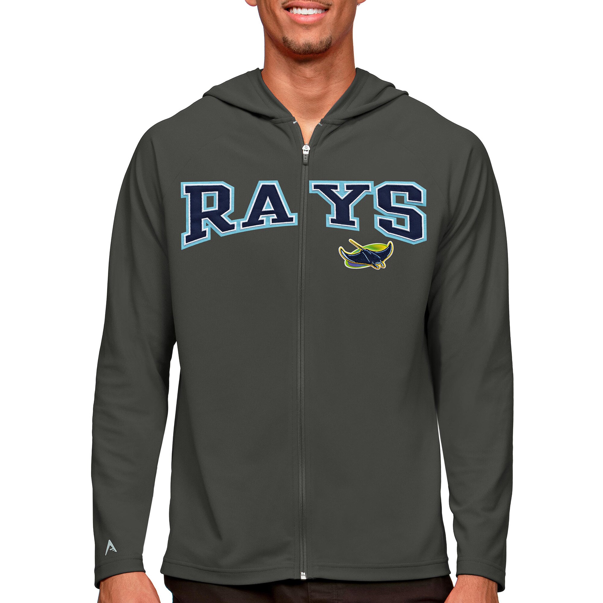 Men's Tampa Bay Rays Antigua Charcoal Wordmark Legacy Full-Zip Hoodie