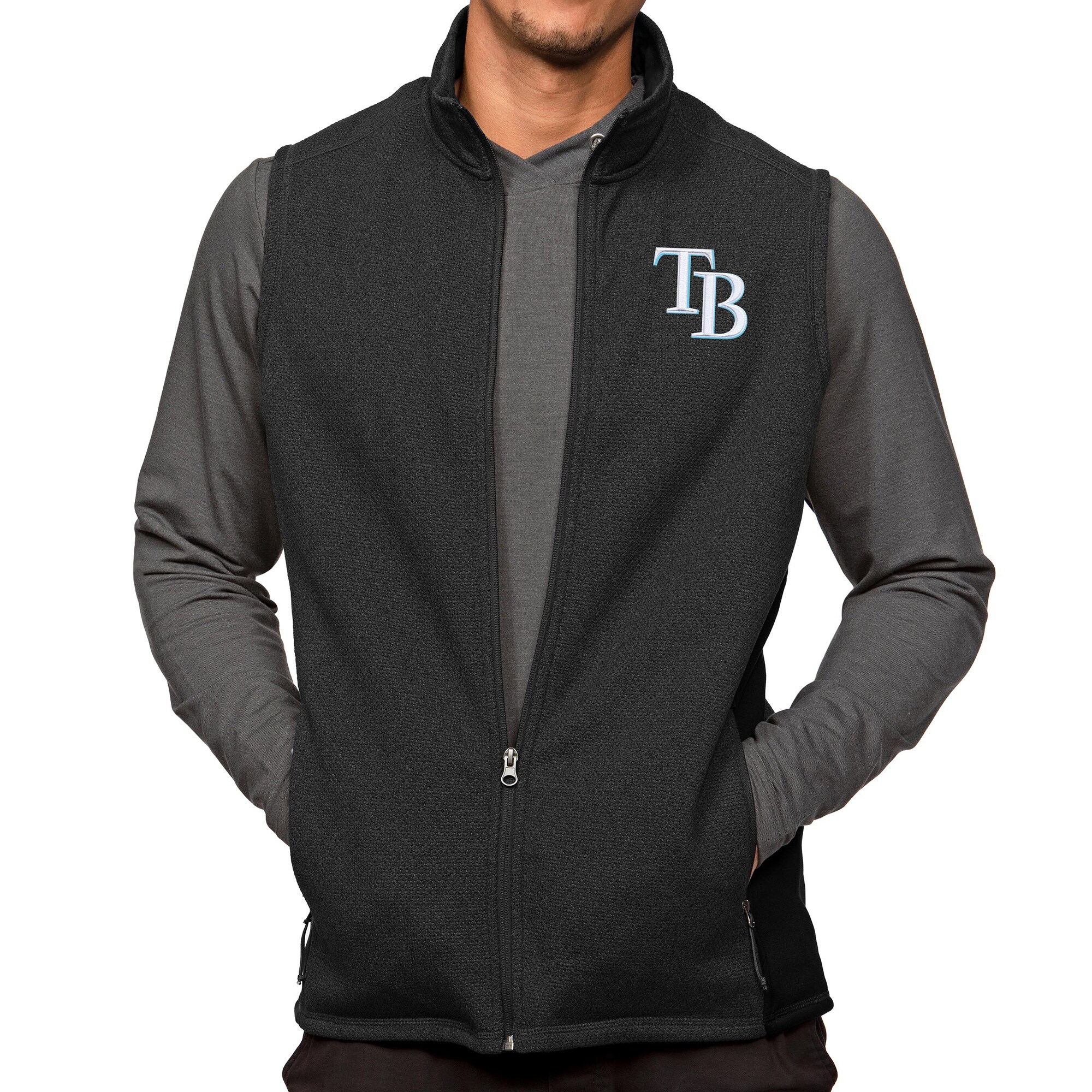 Men's Tampa Bay Rays Antigua Heathered Black Course Full-Zip Vest