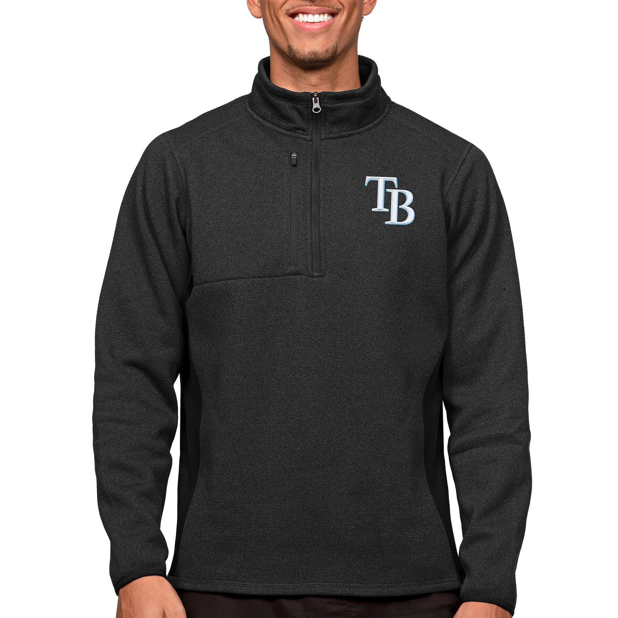 Men's Tampa Bay Rays Antigua Heathered Black Course Quarter-Zip Pullover Top
