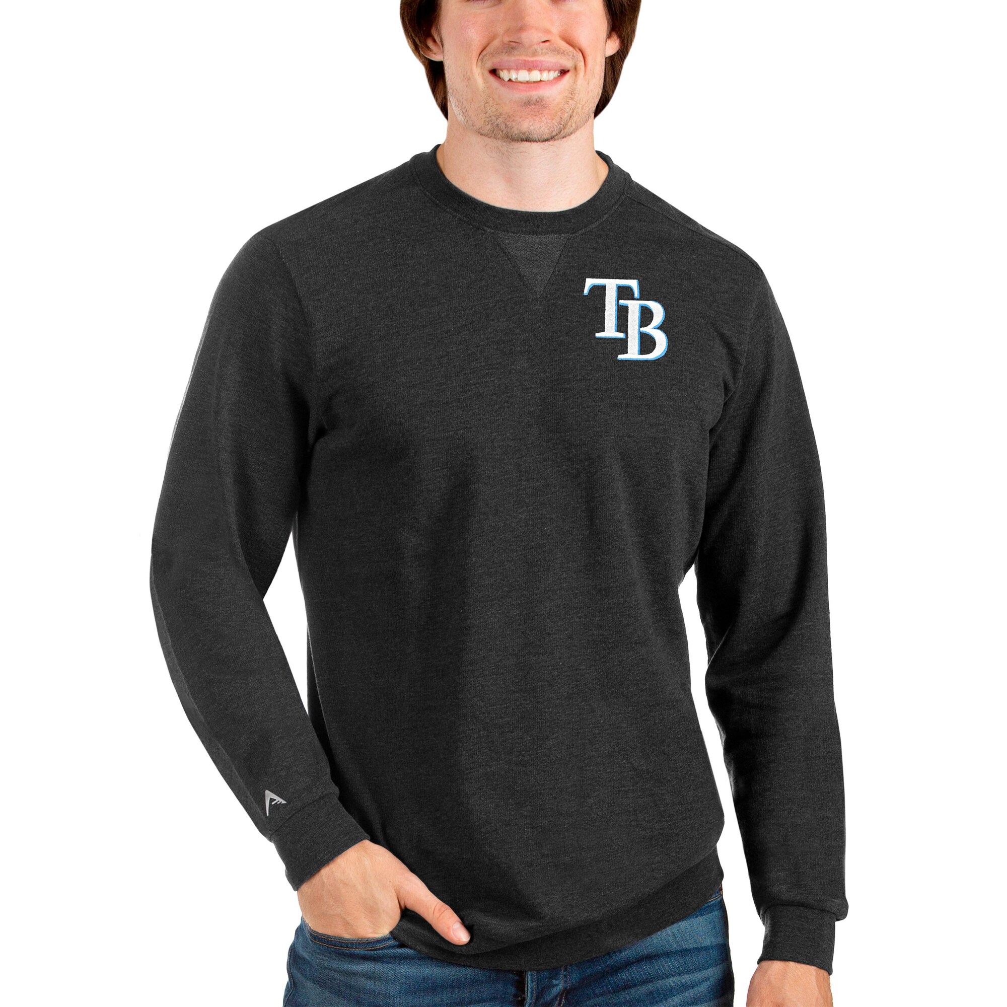 Men's Tampa Bay Rays Antigua Heathered Black Reward Crewneck Pullover Sweatshirt