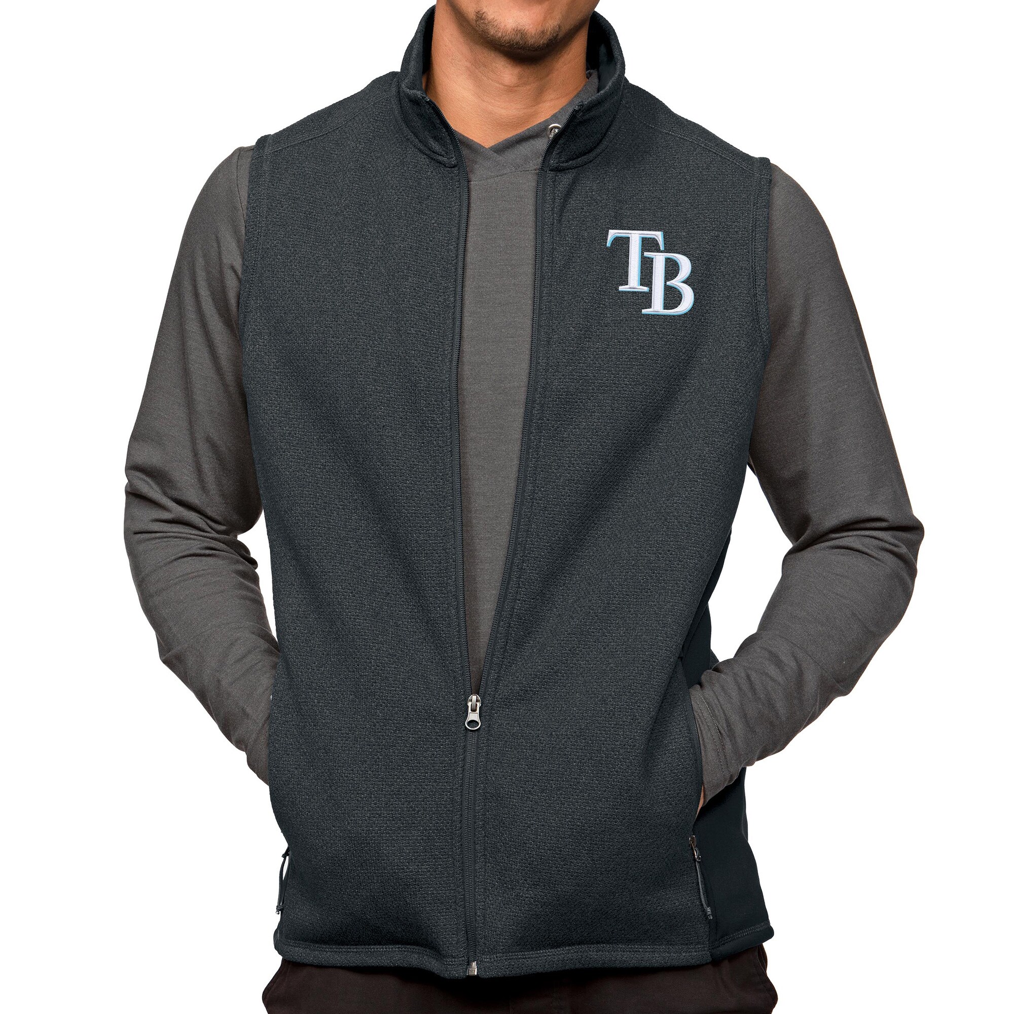 Men's Tampa Bay Rays Antigua Heathered Charcoal Course Full-Zip Vest
