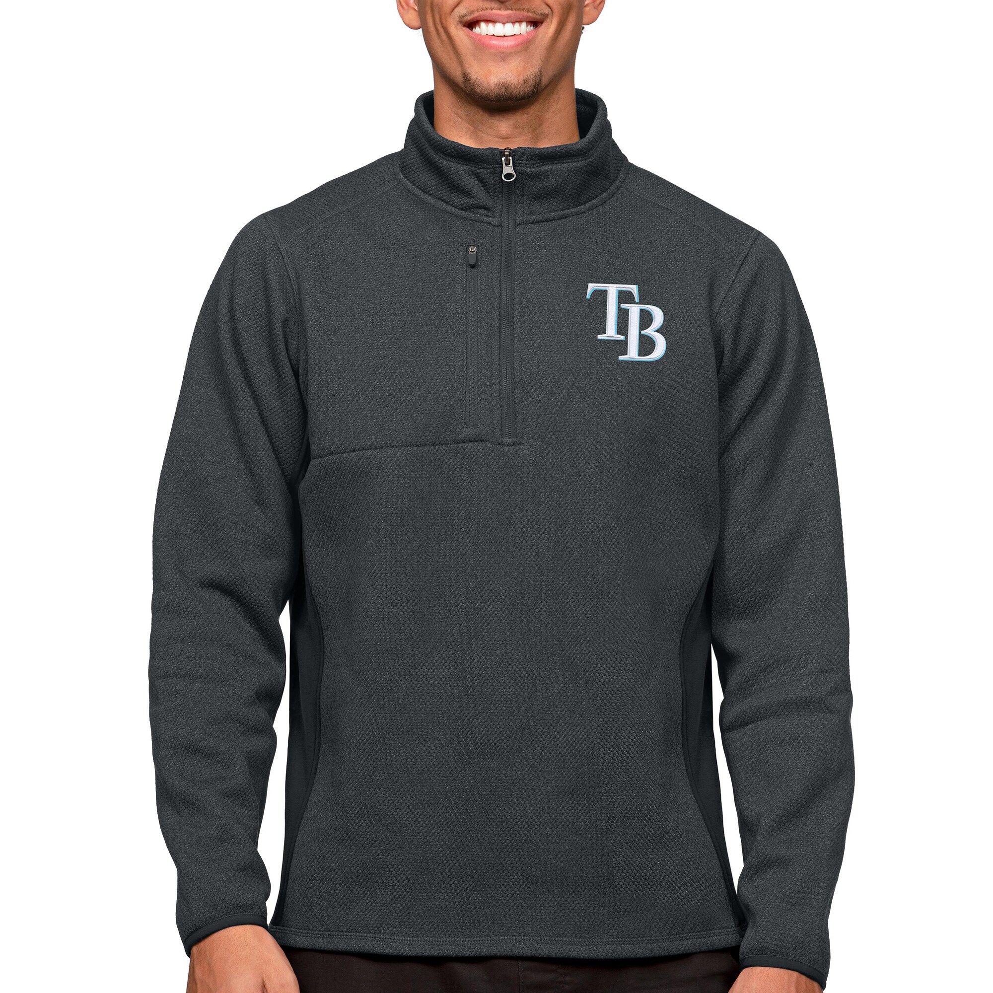 Men's Tampa Bay Rays Antigua Heathered Charcoal Course Quarter-Zip Pullover Top