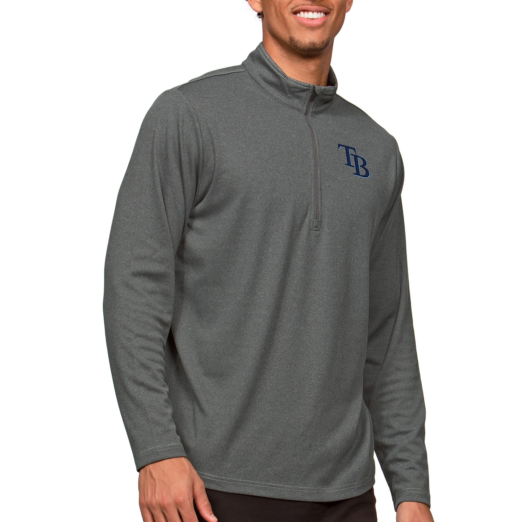 Men's Tampa Bay Rays Antigua Heathered Charcoal Epic Quarter-Zip Pullover Top