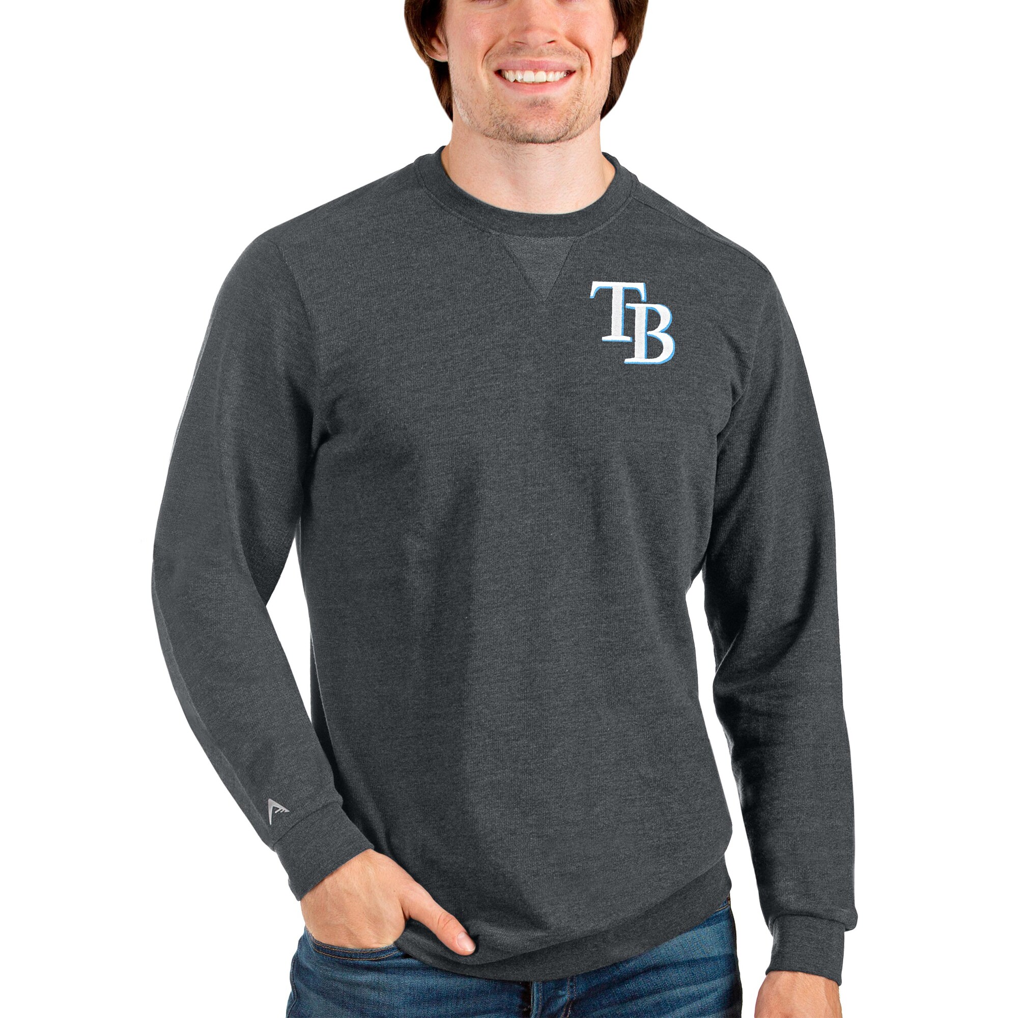 Men's Tampa Bay Rays Antigua Heathered Charcoal Reward Crewneck Pullover Sweatshirt