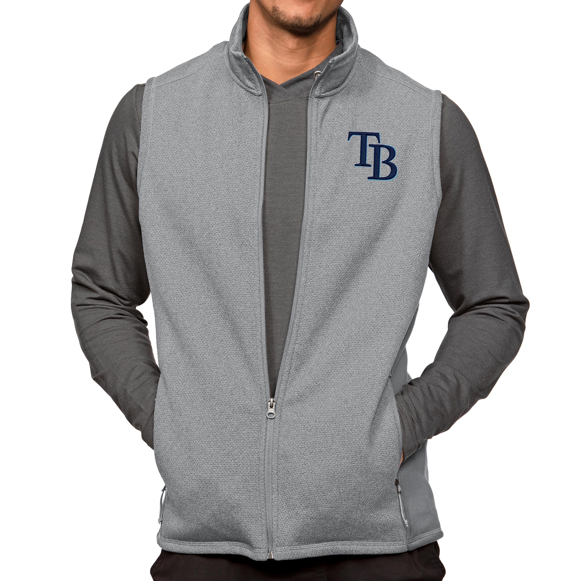 Men's Tampa Bay Rays Antigua Heathered Gray Course Full-Zip Vest