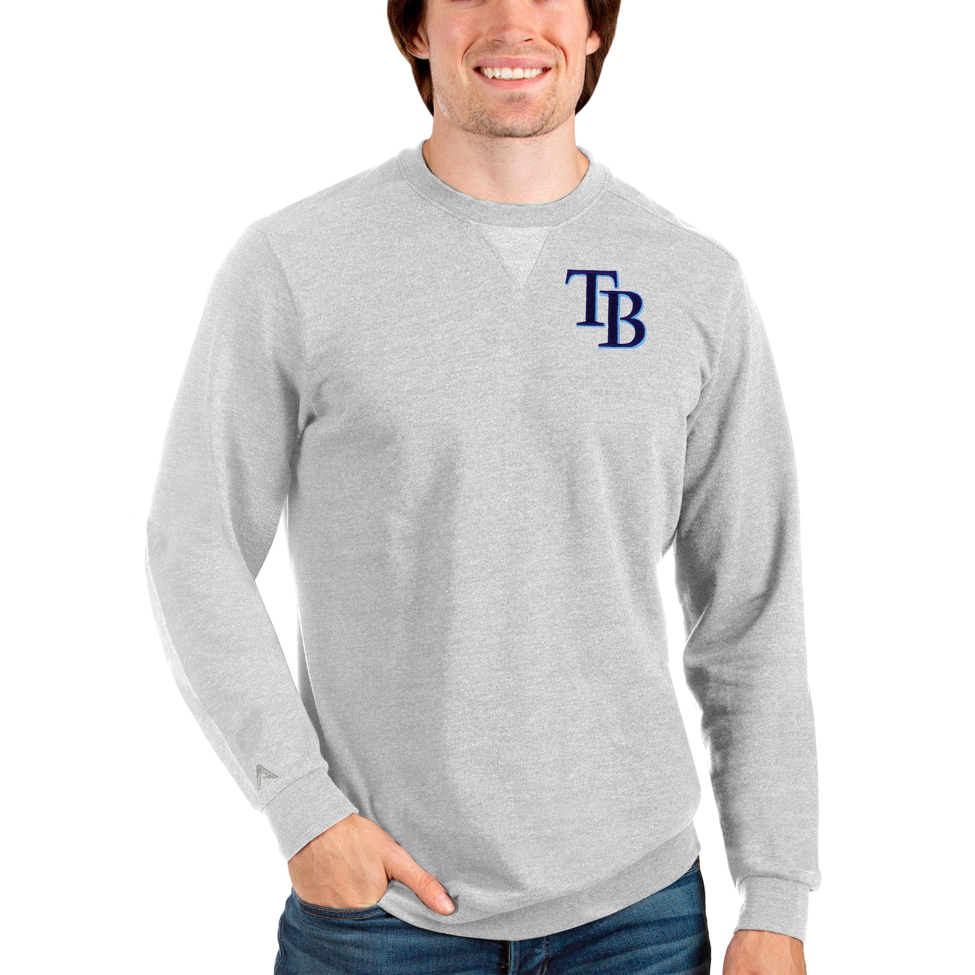 Men's Tampa Bay Rays Antigua Heathered Gray Reward Crewneck Pullover Sweatshirt