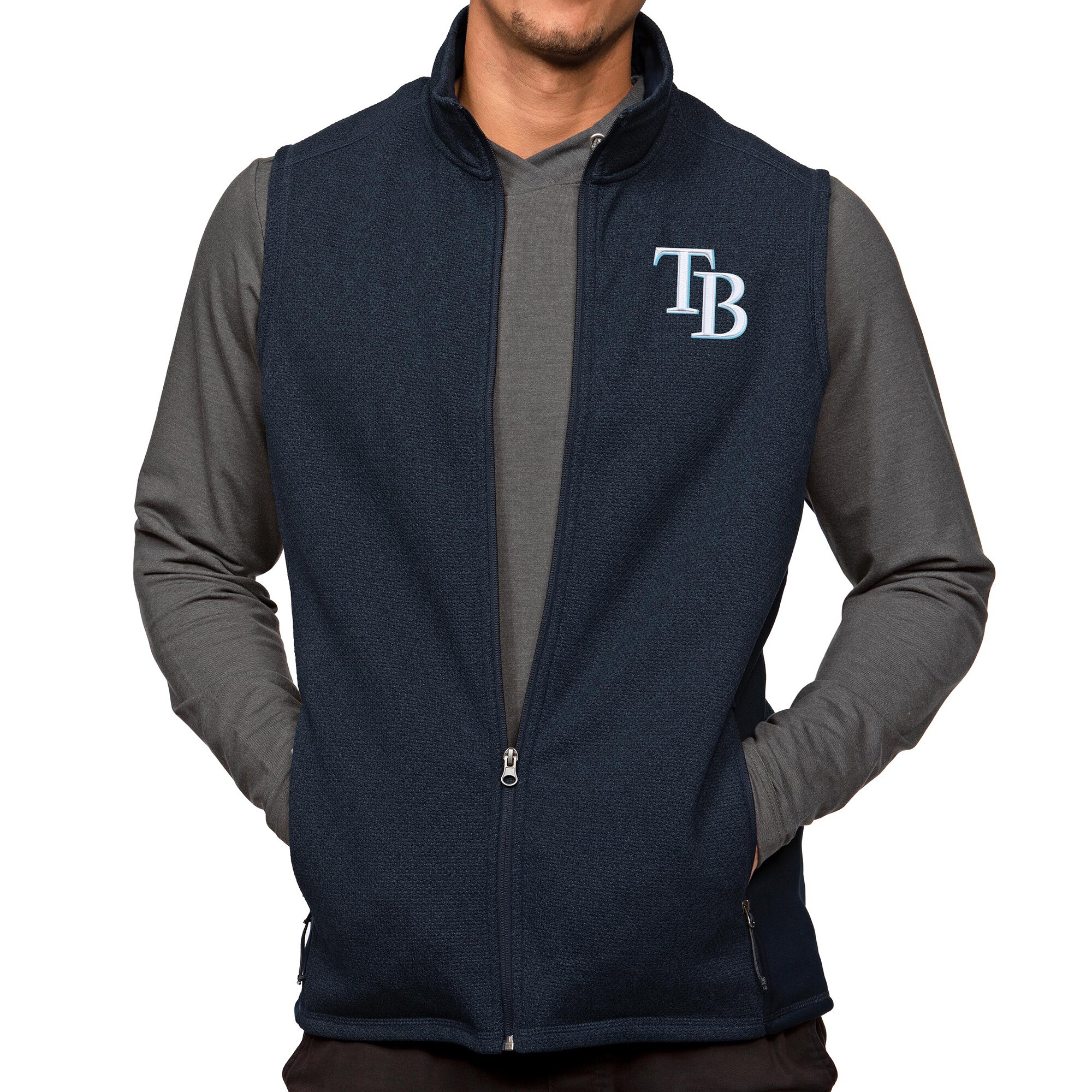 Men's Tampa Bay Rays Antigua Heathered Navy Course Full-Zip Vest