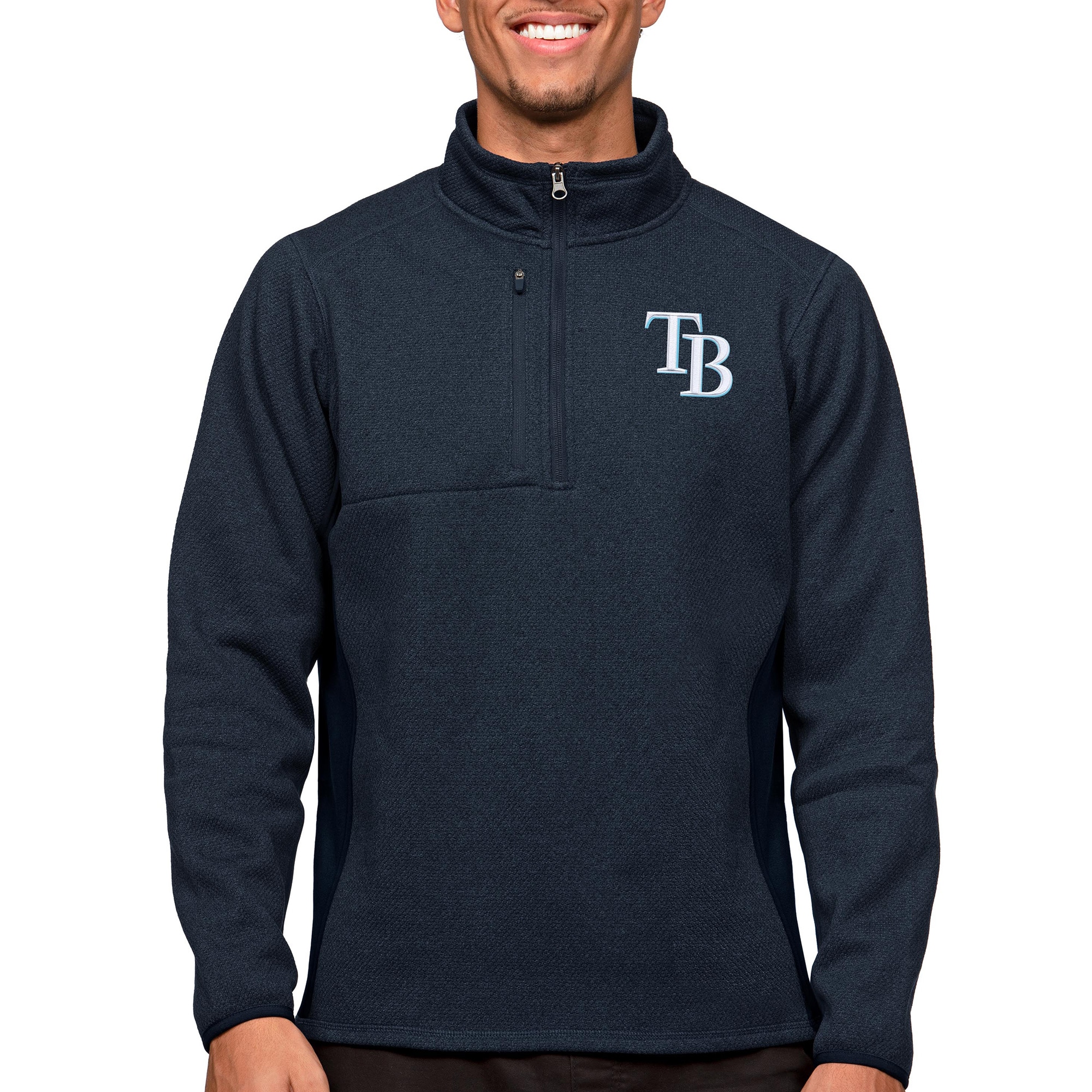 Men's Tampa Bay Rays Antigua Heathered Navy Course Quarter-Zip Pullover Top