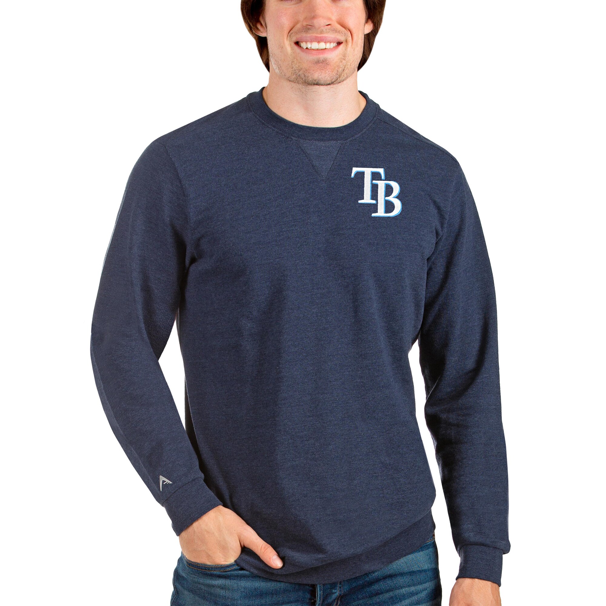 Men's Tampa Bay Rays Antigua Heathered Navy Reward Crewneck Pullover Sweatshirt