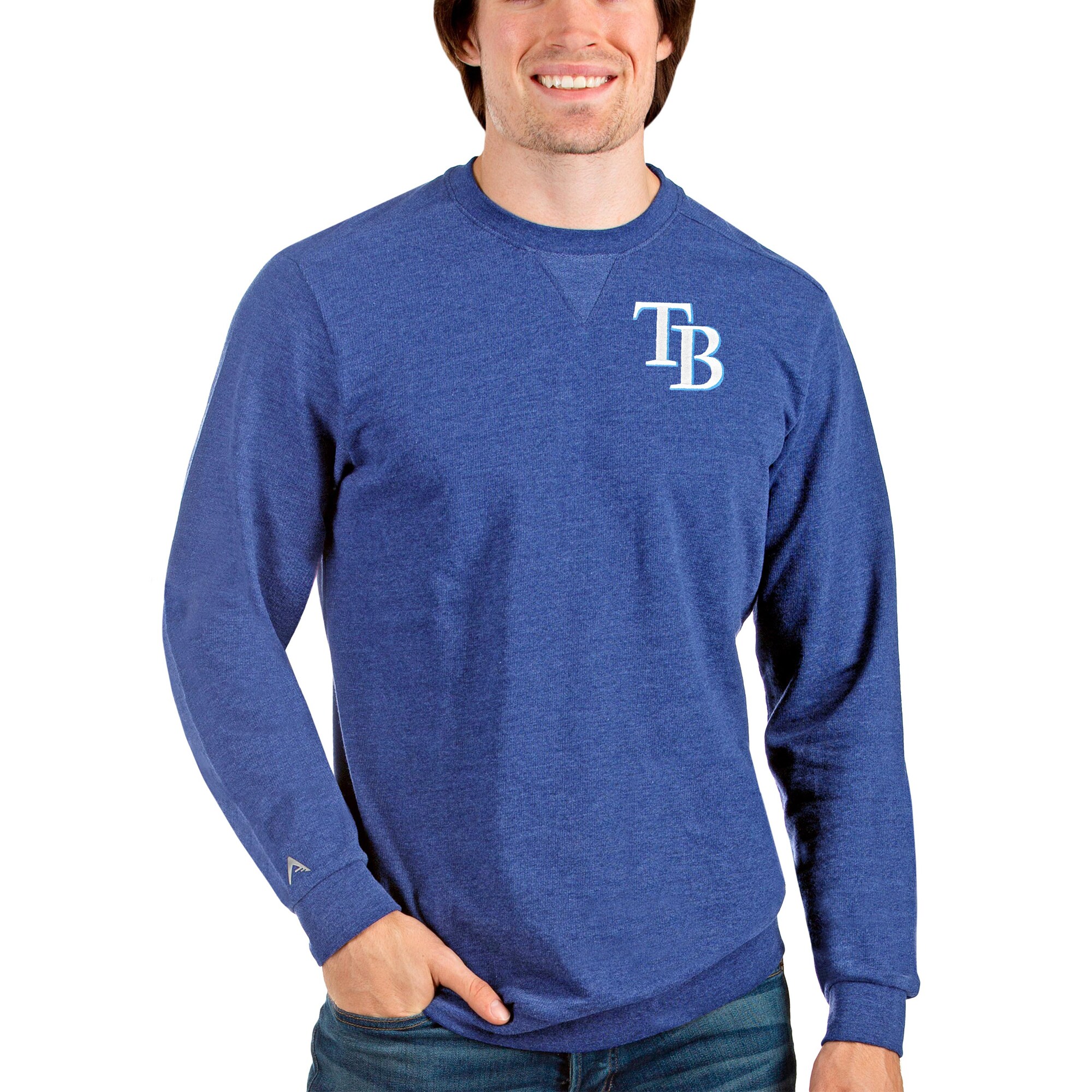 Men's Tampa Bay Rays Antigua Heathered Royal Reward Crewneck Pullover Sweatshirt