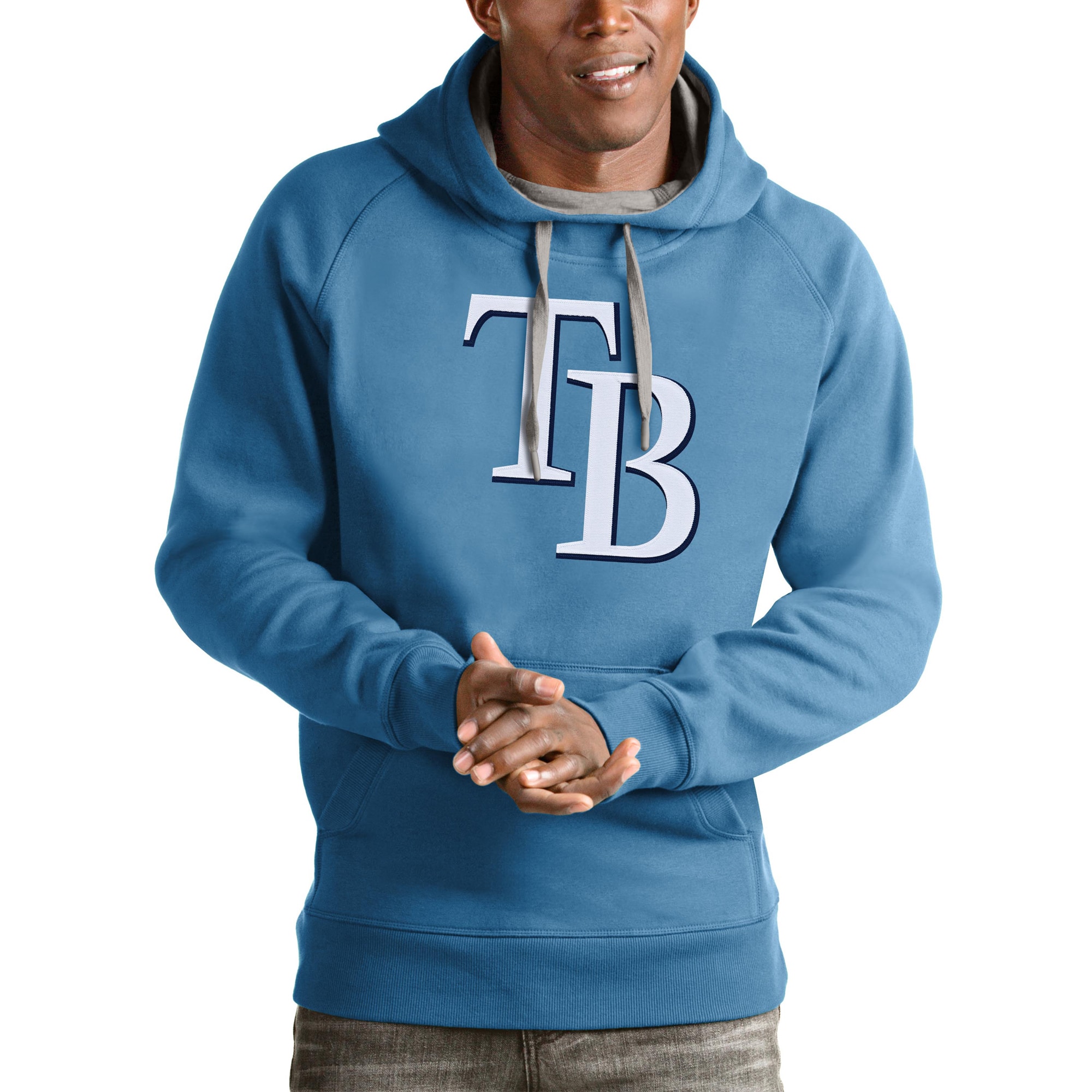 Men's Tampa Bay Rays Antigua Light Blue Victory Pullover Team Logo Hoodie