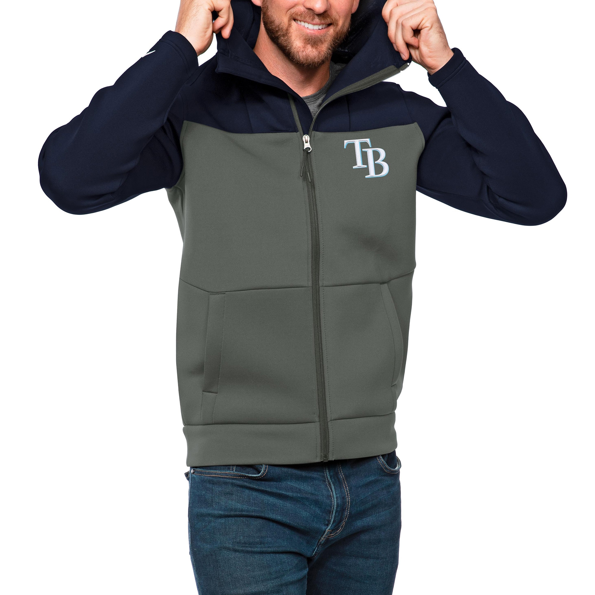 Men's Tampa Bay Rays Antigua Navy/Charcoal Protect Full-Zip Hoodie