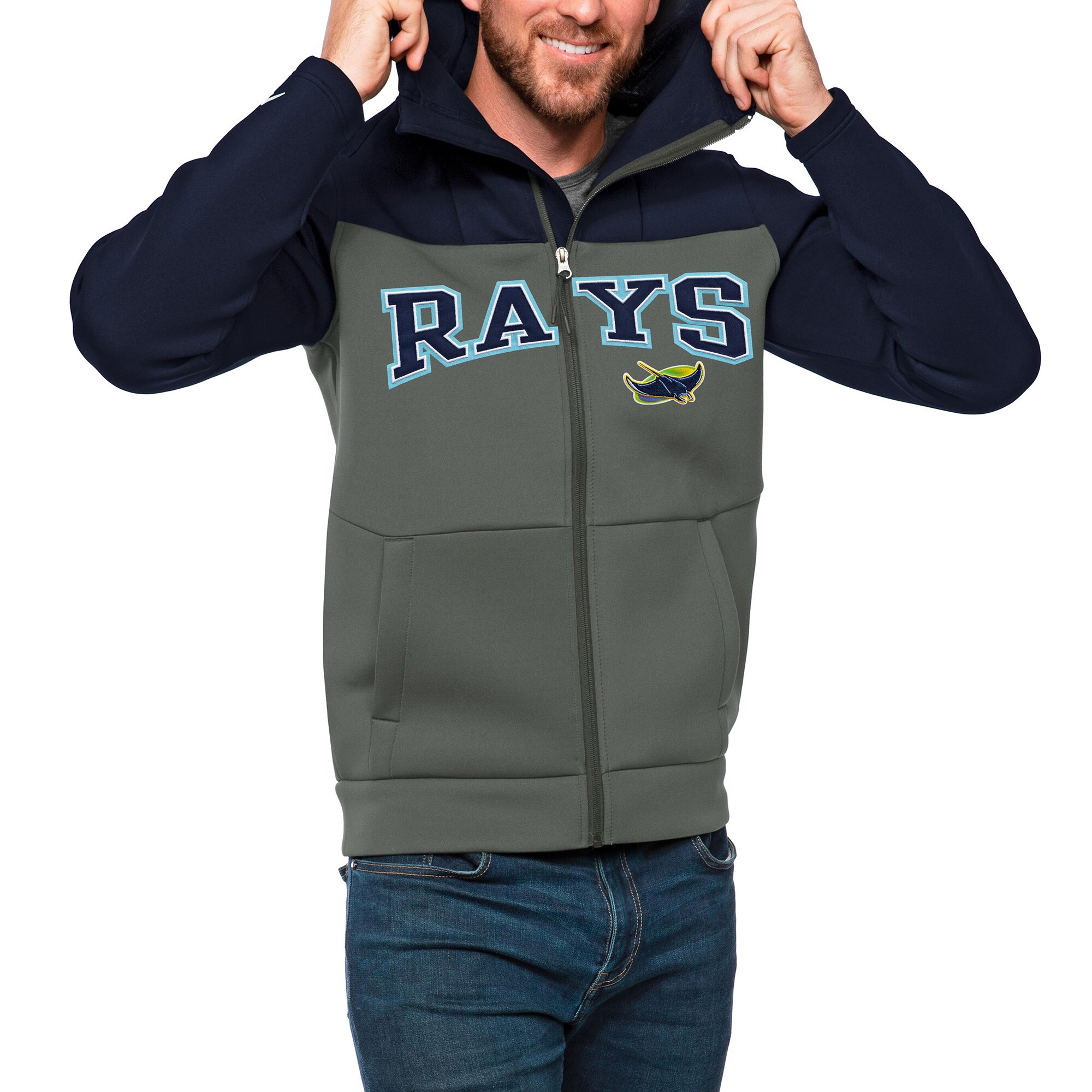 Men's Tampa Bay Rays Antigua Navy/Steel Wordmark Protect Full-Zip Hoodie