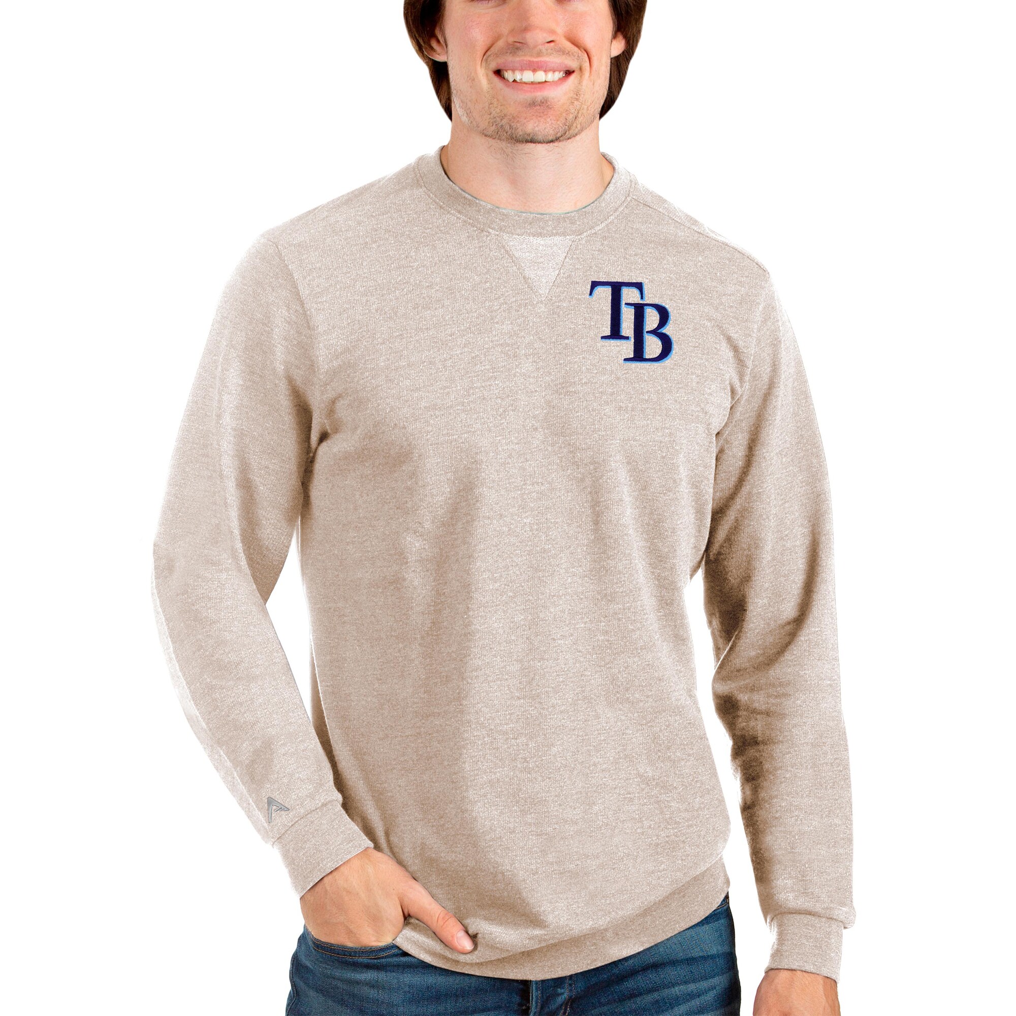 Men's Tampa Bay Rays Antigua Oatmeal Reward Crewneck Pullover Sweatshirt