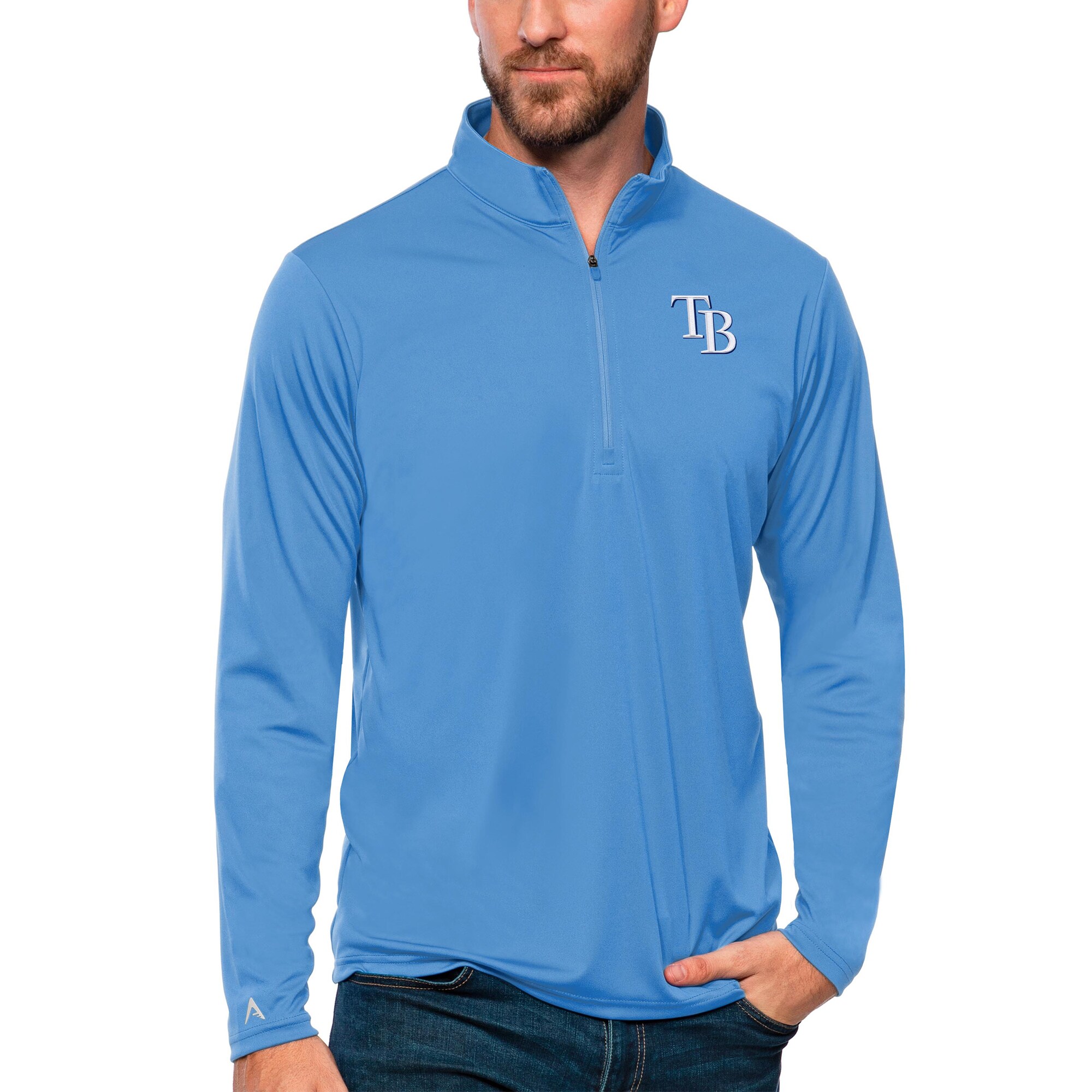 Men's Tampa Bay Rays Antigua Powder Blue Tribute Quarter-Zip Pullover Top
