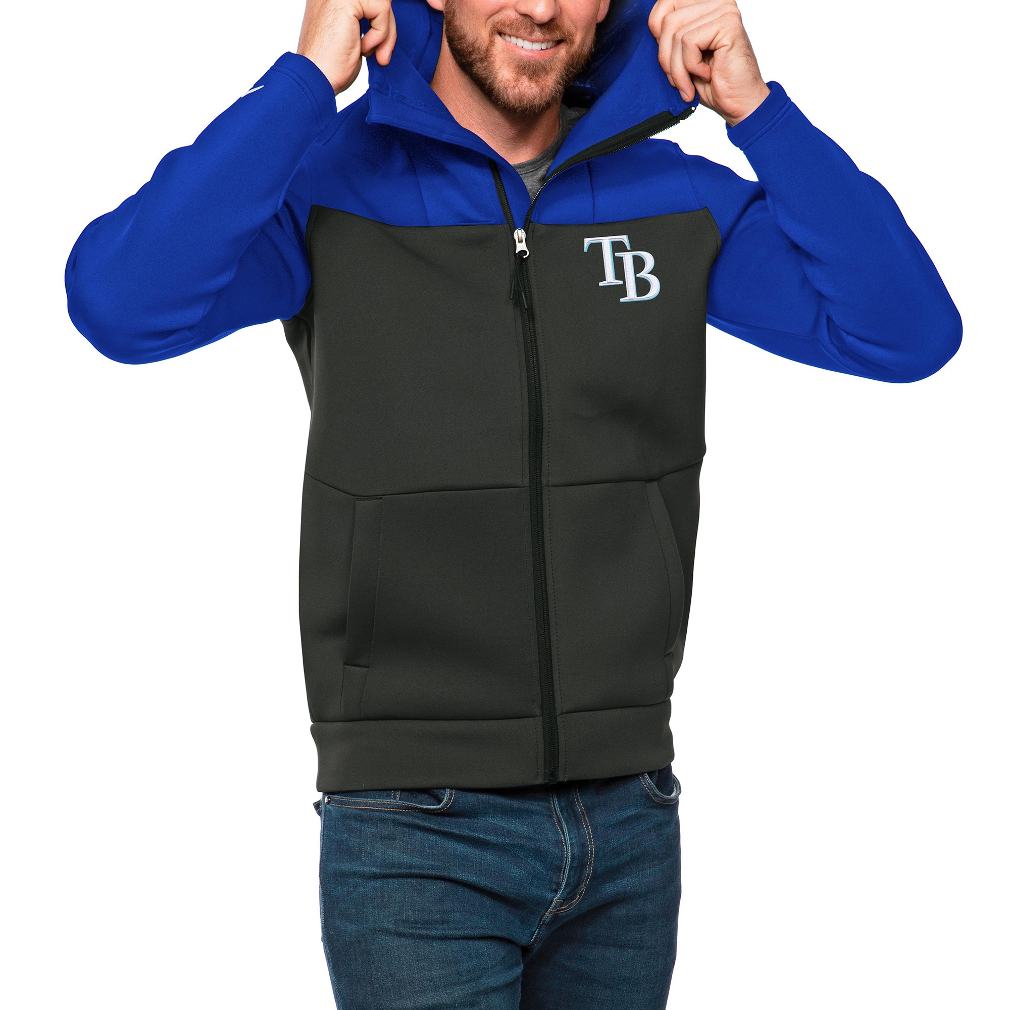 Men's Tampa Bay Rays Antigua Royal/Charcoal Protect Full-Zip Hoodie