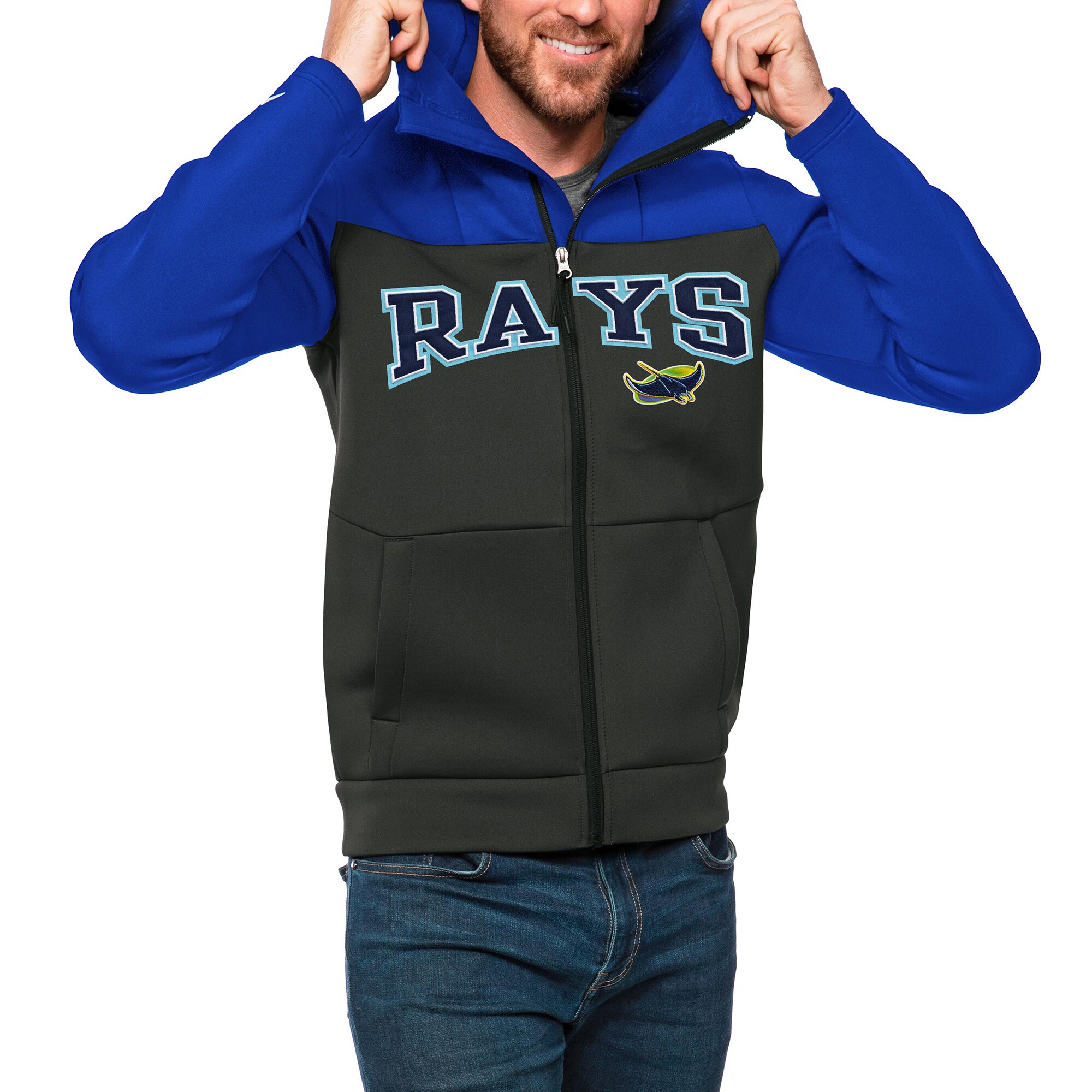 Men's Tampa Bay Rays Antigua Royal/Charcoal Wordmark Protect Full-Zip Hoodie
