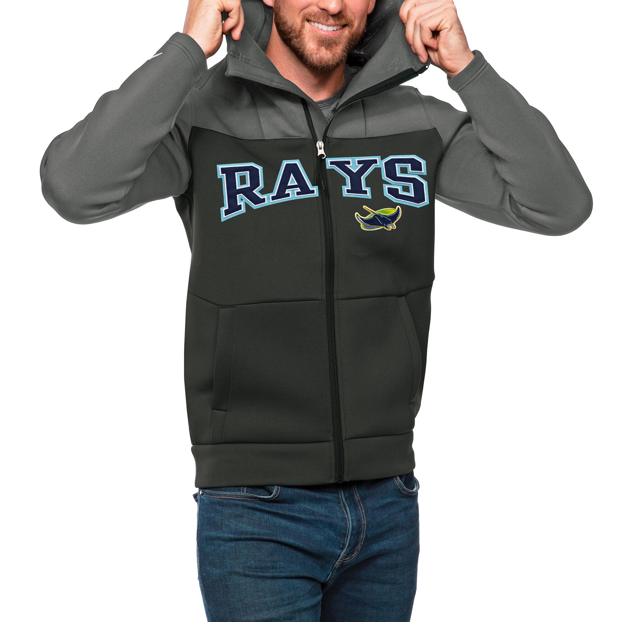 Men's Tampa Bay Rays Antigua Steel/Charcoal Wordmark Protect Full-Zip Hoodie
