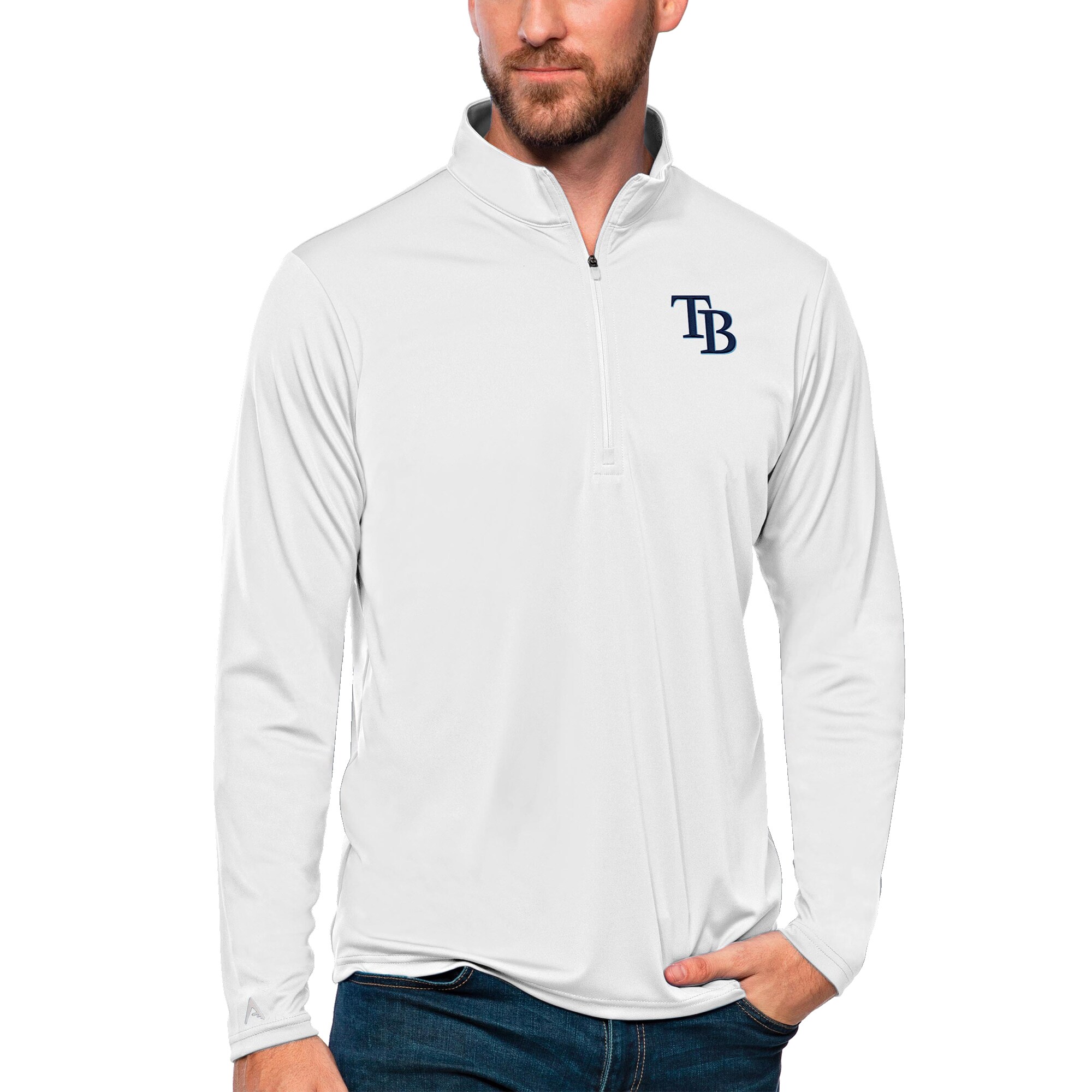 Men's Tampa Bay Rays Antigua White Tribute Quarter-Zip Pullover Top