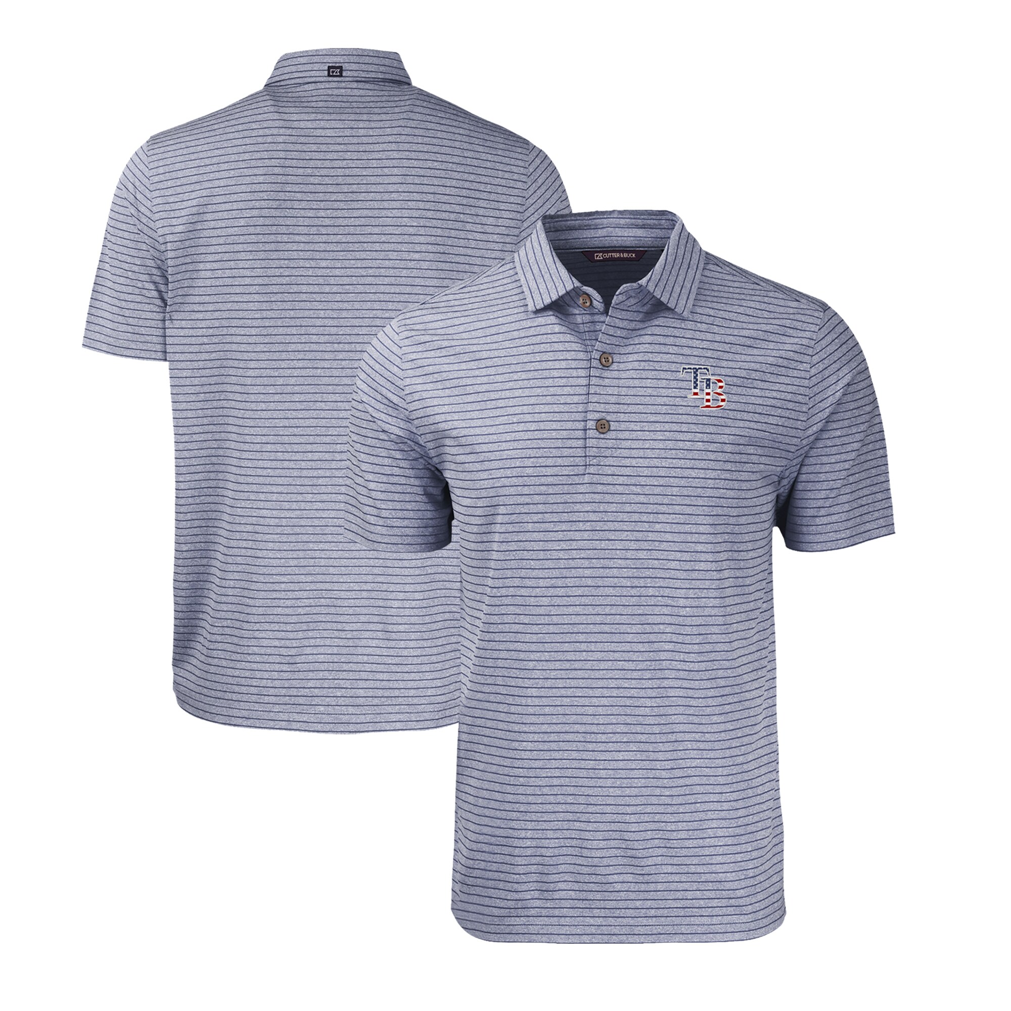 Men's Tampa Bay Rays  Cutter & Buck Heather Navy Stars & Stripes Forge Eco Heather Stripe Stretch Recycled Polo