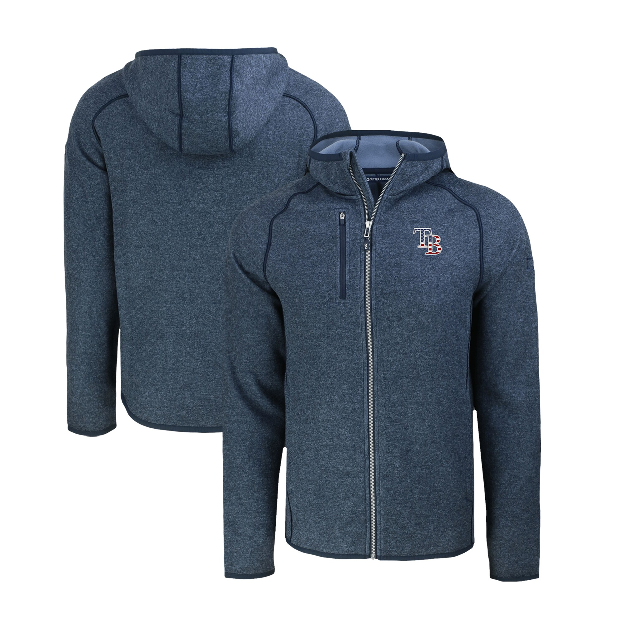 Men's Tampa Bay Rays  Cutter & Buck Heather Navy Stars & Stripes Mainsail Sweater-Knit Full-Zip Hoodie
